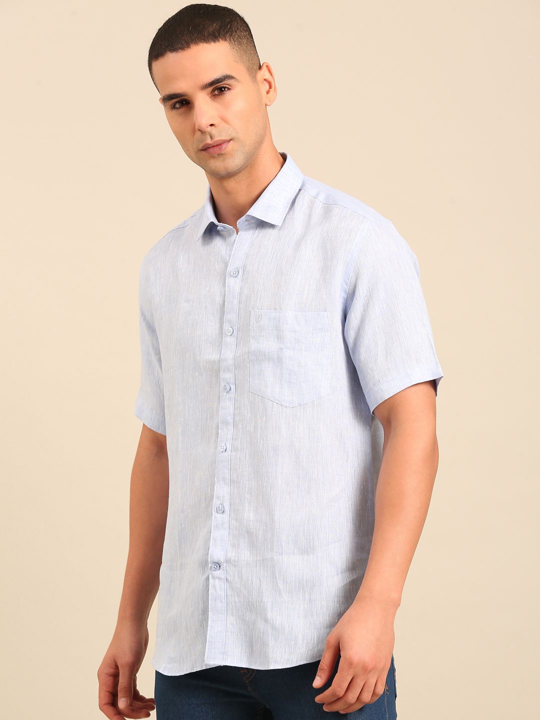 Linen Club Men's Linen Blend Lavender Solid Contemporary Fit Half Sleeves Casual Shirt
