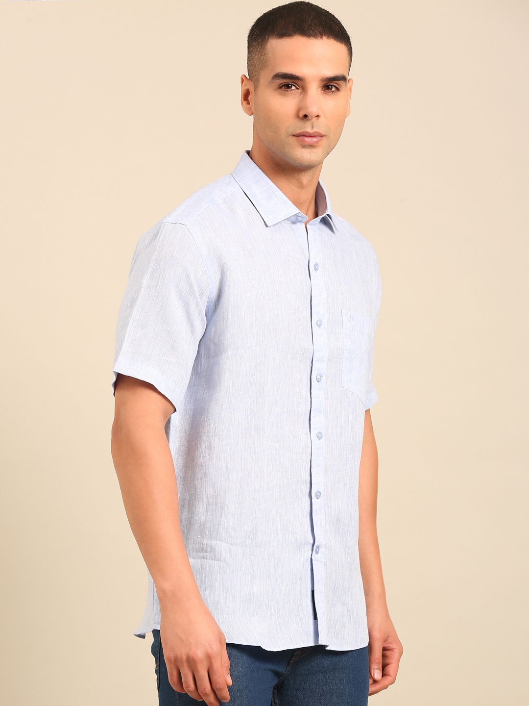 Linen Club Men's Linen Blend Lavender Solid Contemporary Fit Half Sleeves Casual Shirt