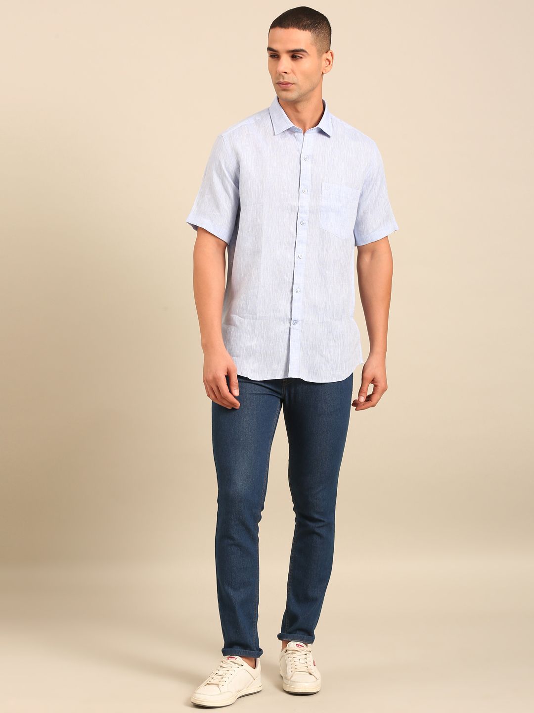 Linen Club Men's Linen Blend Lavender Solid Contemporary Fit Half Sleeves Casual Shirt