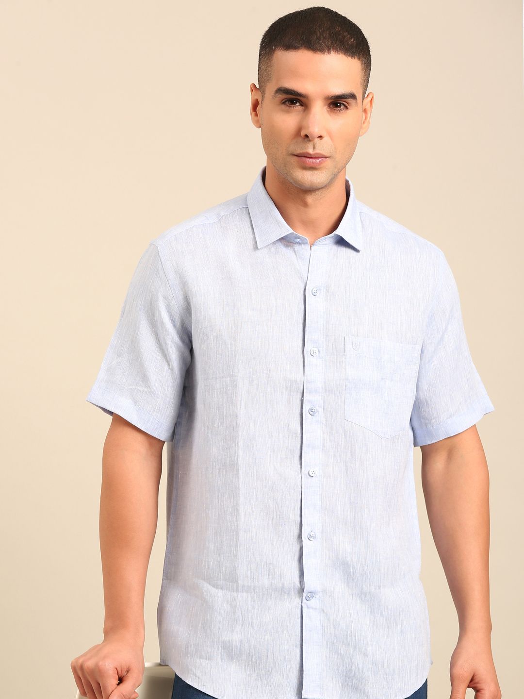 Linen Club Men's Linen Blend Lavender Solid Contemporary Fit Half Sleeves Casual Shirt