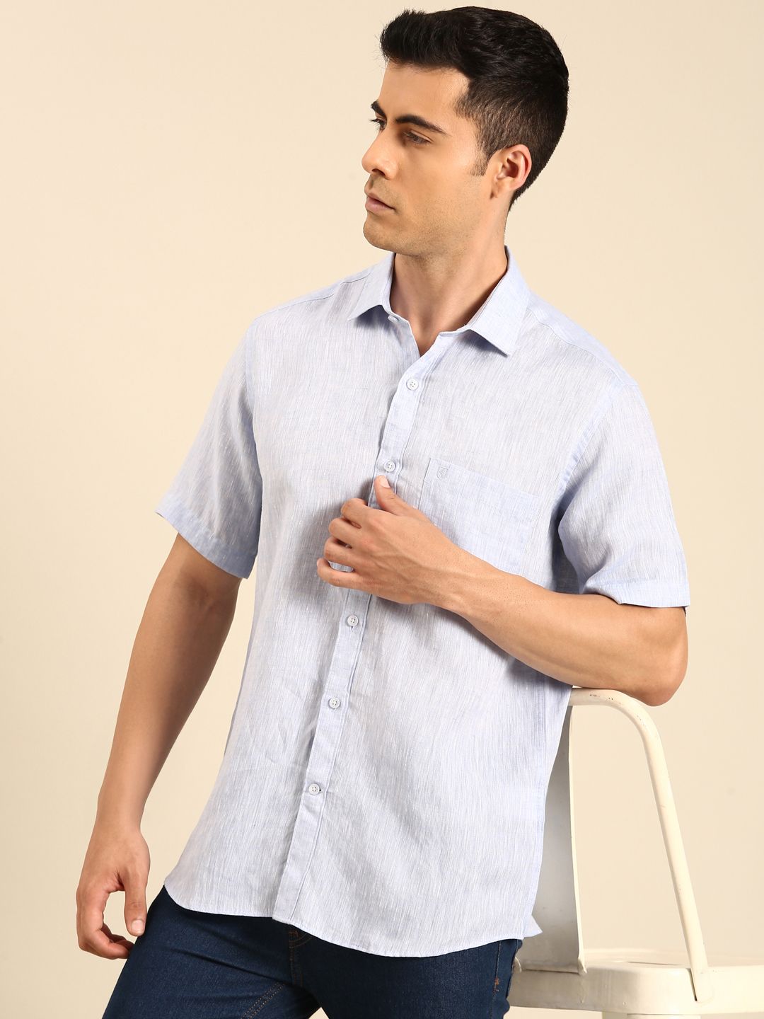 Linen Club Men's Linen Blend Lavender Solid Contemporary Fit Half Sleeves Casual Shirt