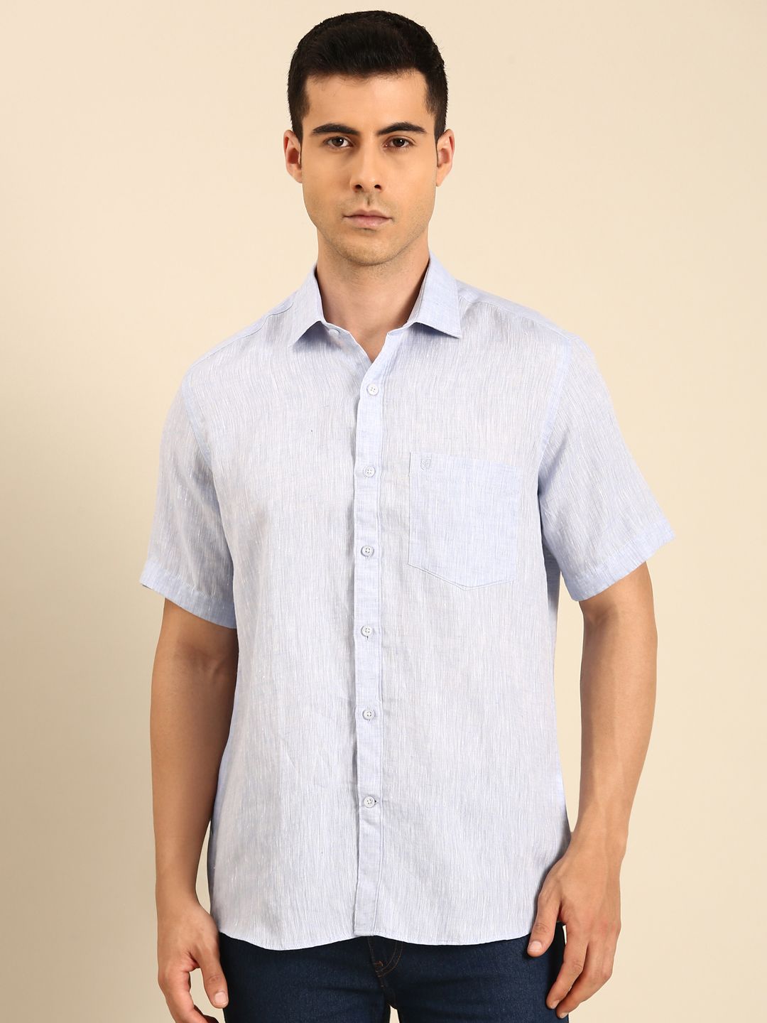 Linen Club Men's Linen Blend Lavender Solid Contemporary Fit Half Sleeves Casual Shirt