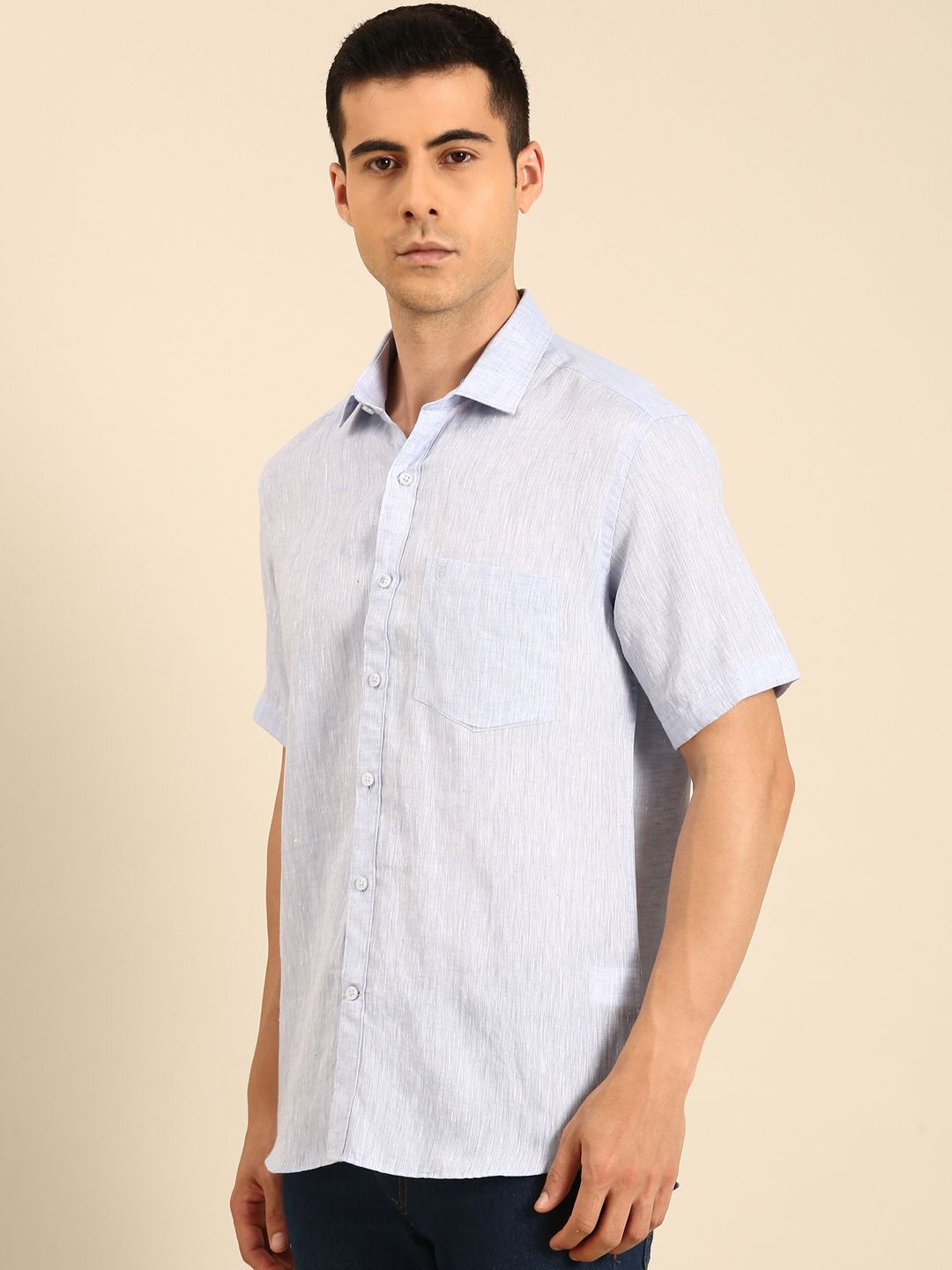 Linen Club Men's Linen Blend Lavender Solid Contemporary Fit Half Sleeves Casual Shirt