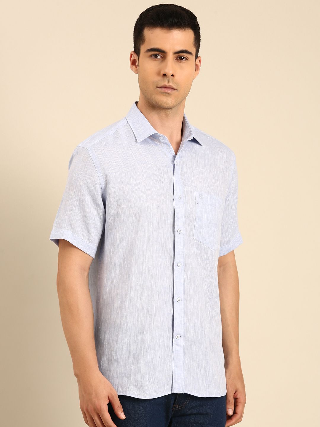 Linen Club Men's Linen Blend Lavender Solid Contemporary Fit Half Sleeves Casual Shirt