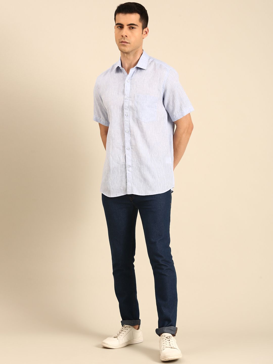 Linen Club Men's Linen Blend Lavender Solid Contemporary Fit Half Sleeves Casual Shirt