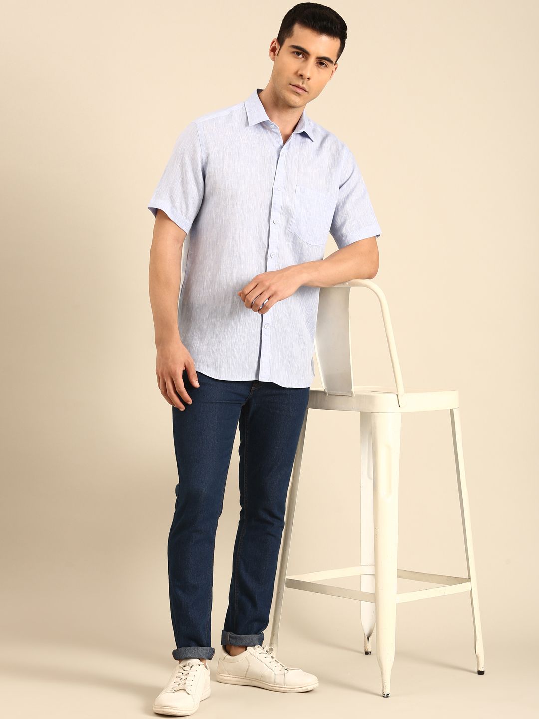 Linen Club Men's Linen Blend Lavender Solid Contemporary Fit Half Sleeves Casual Shirt
