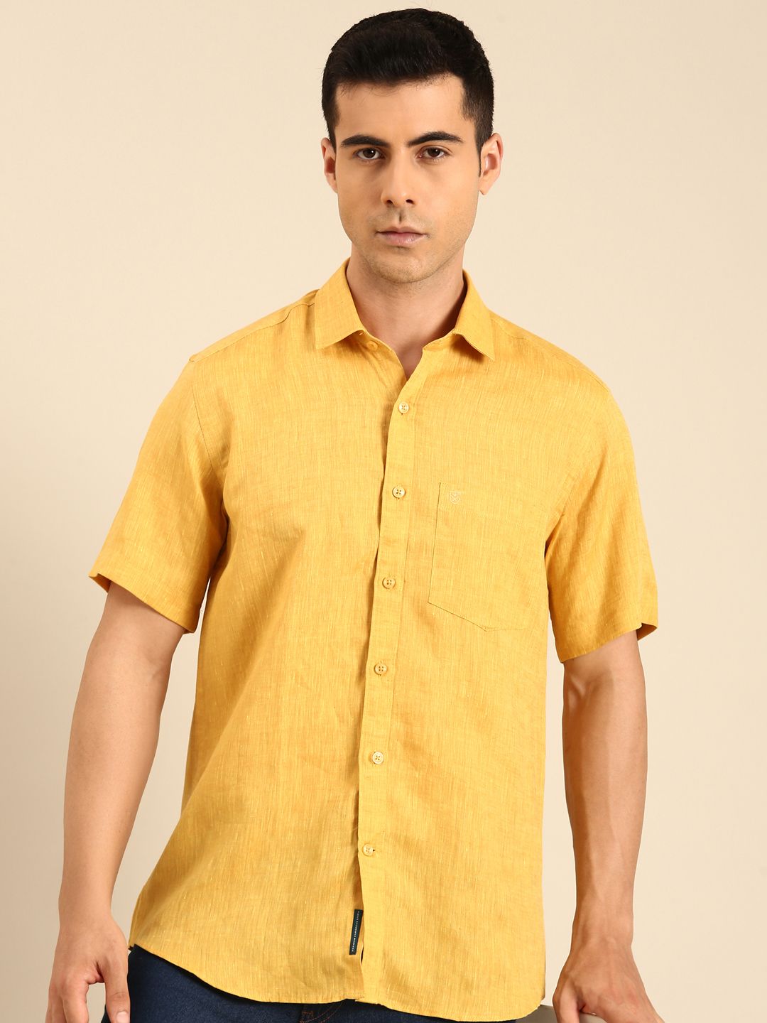 Linen Club Men's Linen Blend Mustard Solid Contemporary Fit Half Sleeves Casual Shirt