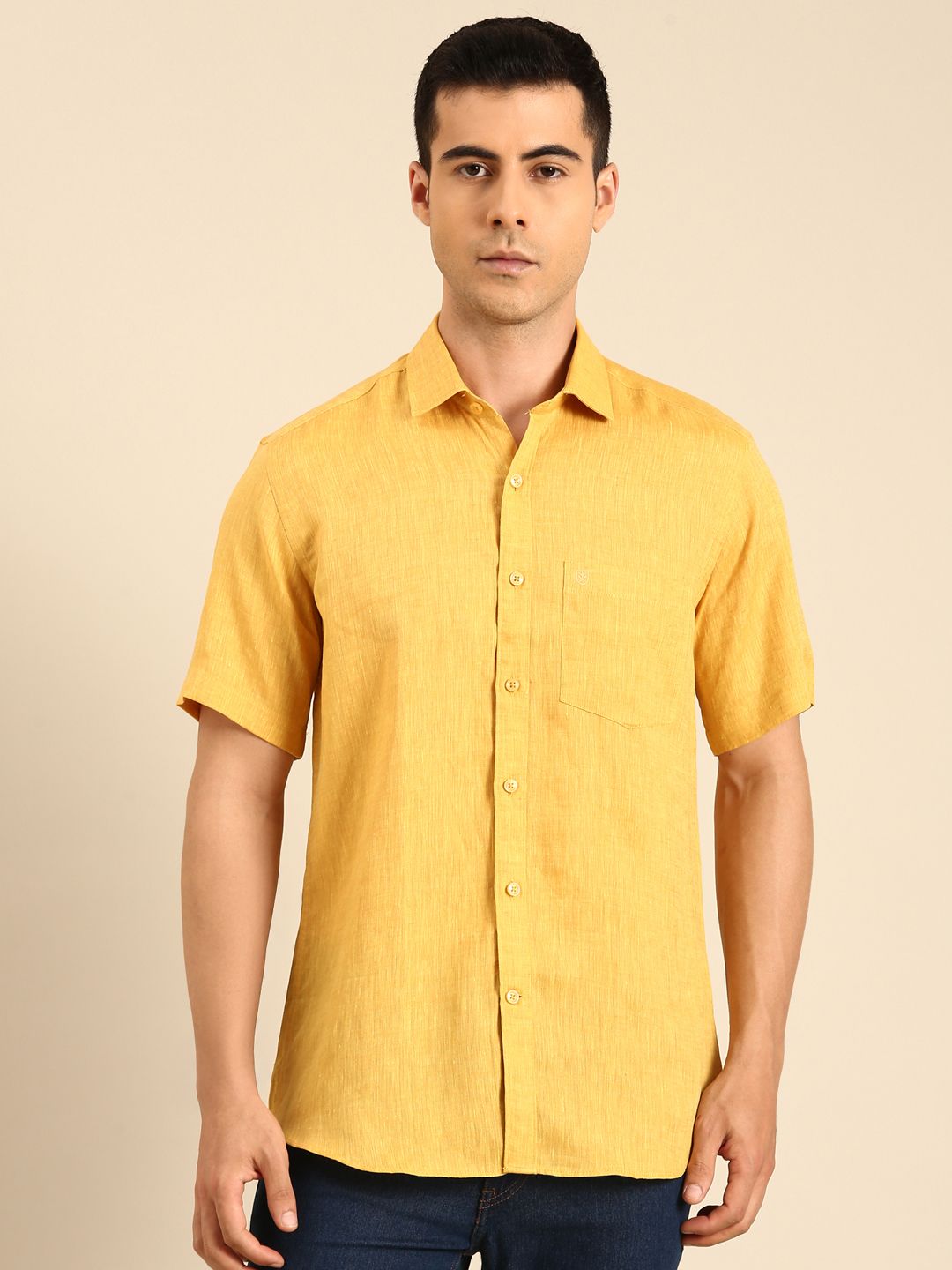 Linen Club Men's Linen Blend Mustard Solid Contemporary Fit Half Sleeves Casual Shirt