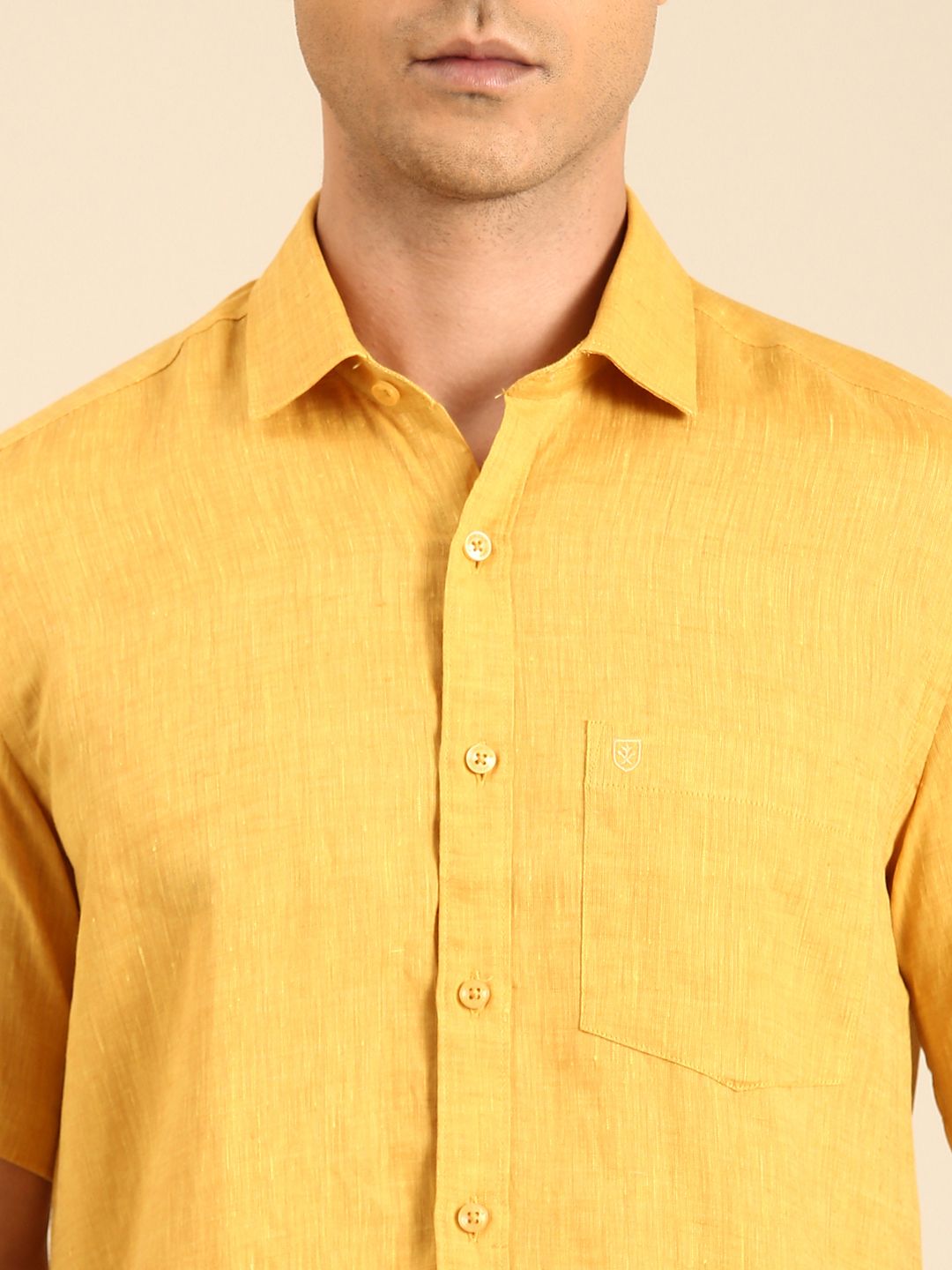 Linen Club Men's Linen Blend Mustard Solid Contemporary Fit Half Sleeves Casual Shirt