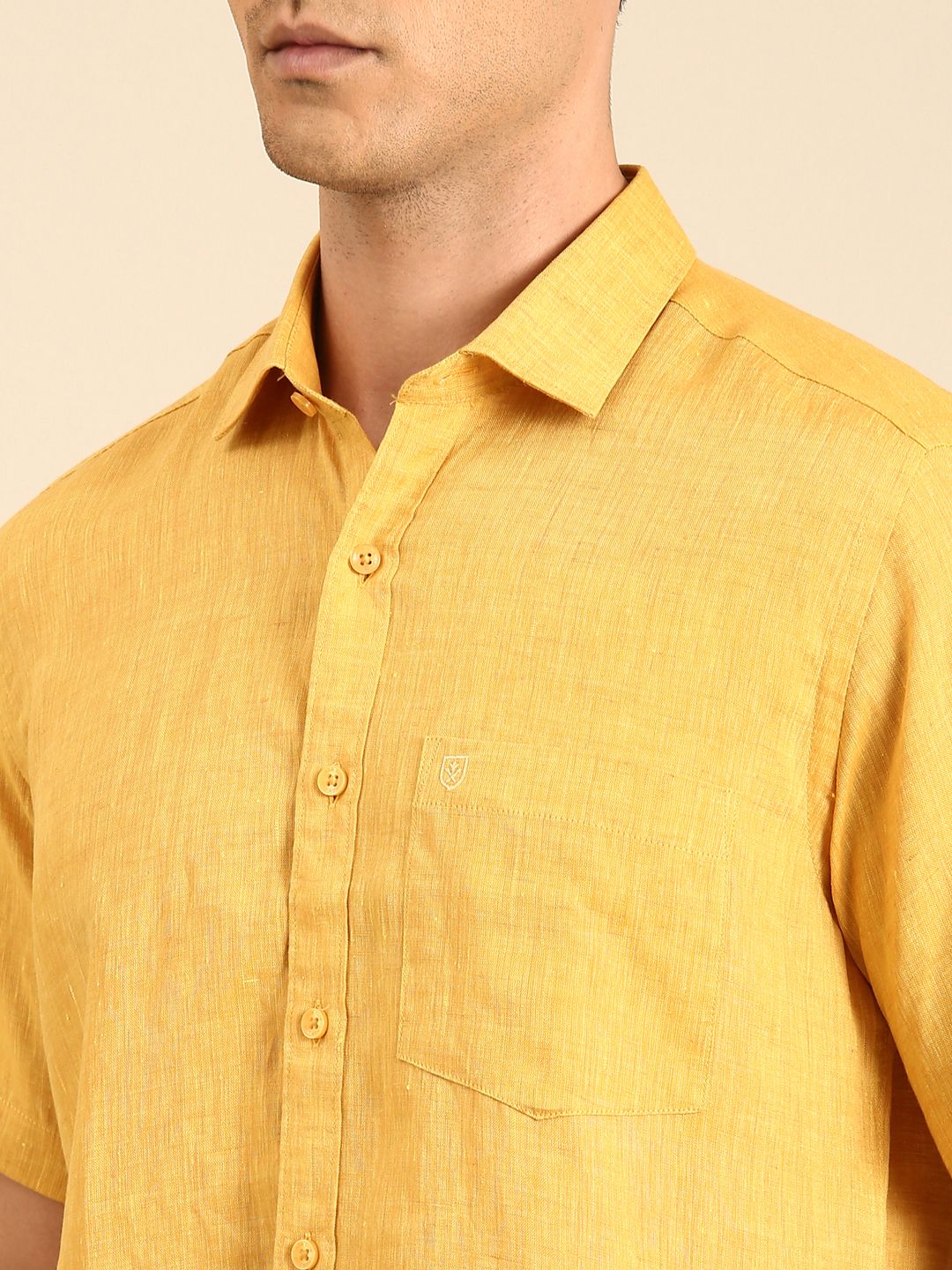 Linen Club Men's Linen Blend Mustard Solid Contemporary Fit Half Sleeves Casual Shirt