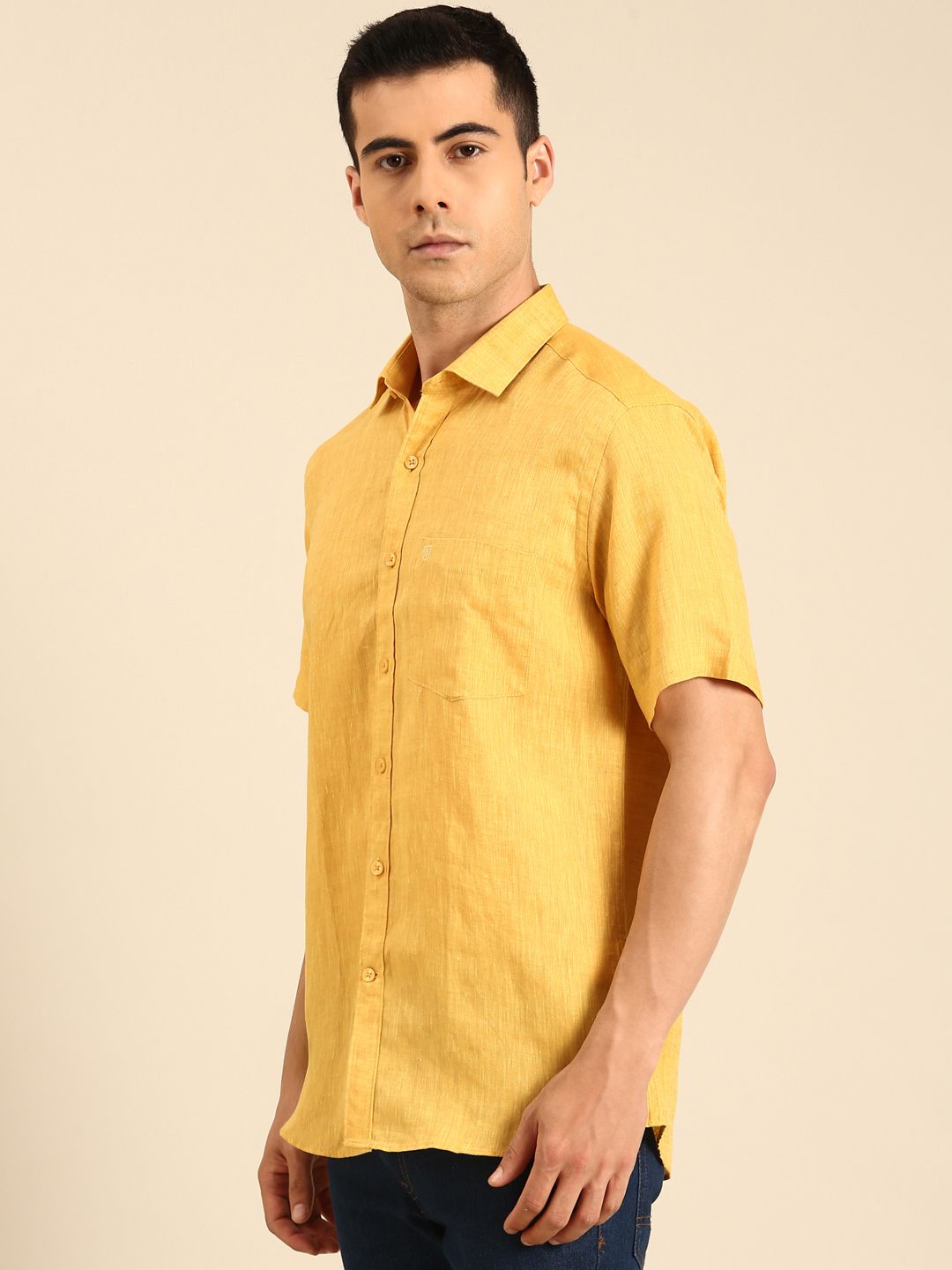 Linen Club Men's Linen Blend Mustard Solid Contemporary Fit Half Sleeves Casual Shirt