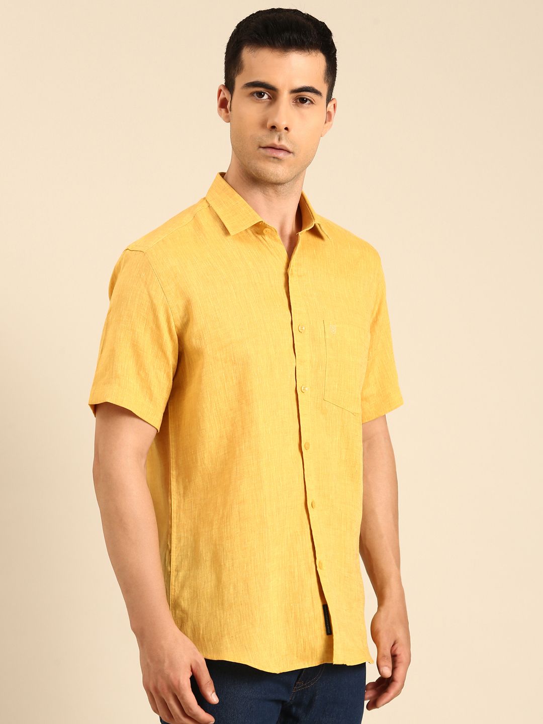 Linen Club Men's Linen Blend Mustard Solid Contemporary Fit Half Sleeves Casual Shirt