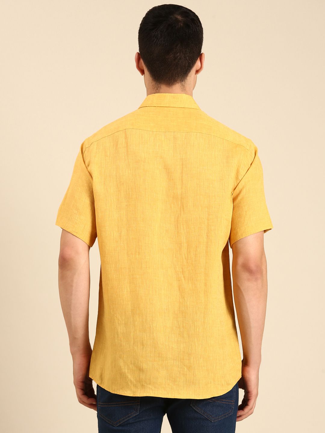 Linen Club Men's Linen Blend Mustard Solid Contemporary Fit Half Sleeves Casual Shirt