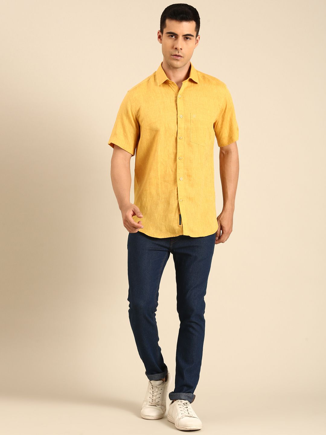 Linen Club Men's Linen Blend Mustard Solid Contemporary Fit Half Sleeves Casual Shirt