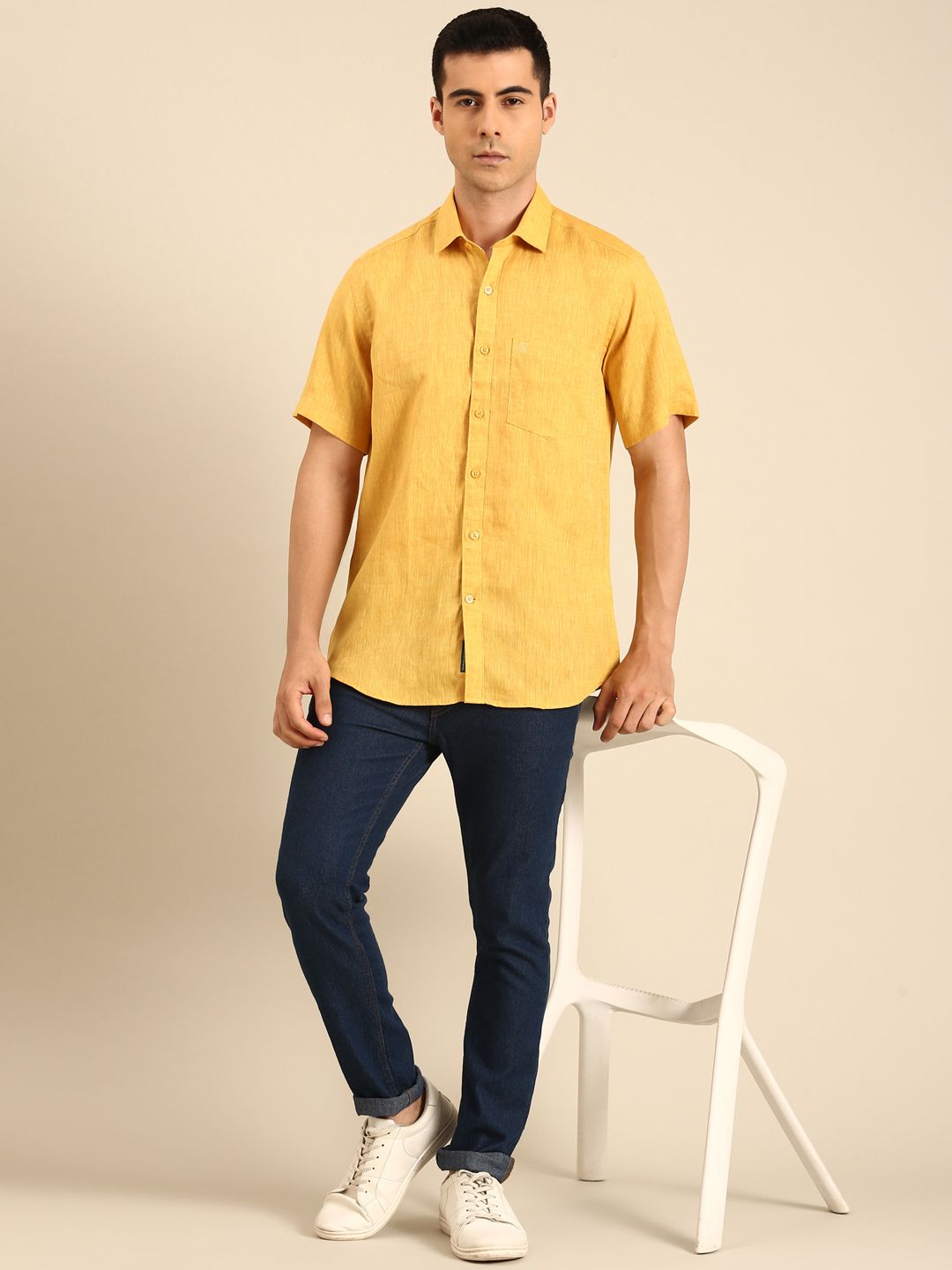 Linen Club Men's Linen Blend Mustard Solid Contemporary Fit Half Sleeves Casual Shirt