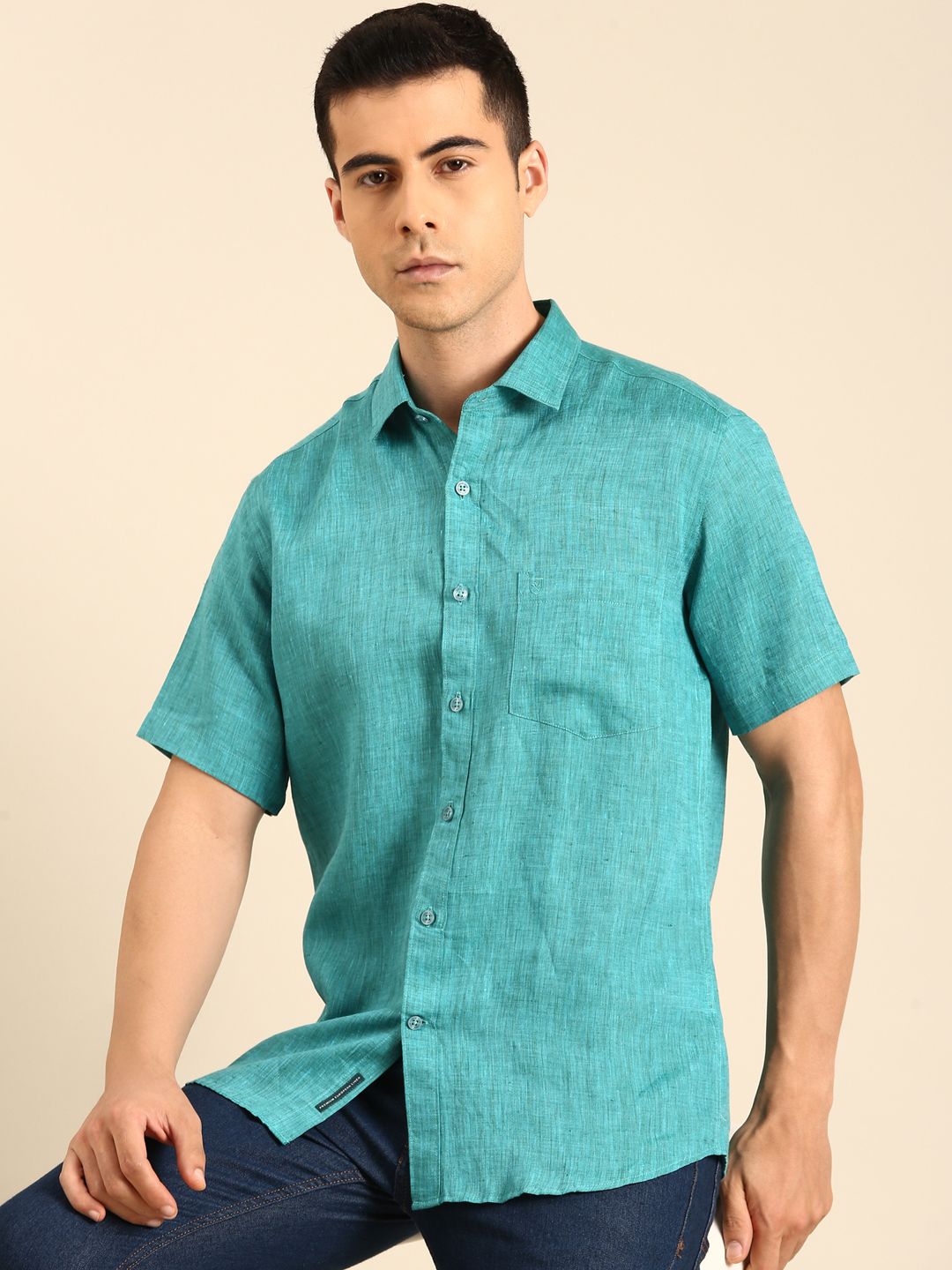 Linen Club Men's Linen Blend Sea Green Solid Contemporary Fit Half Sleeves Casual Shirt