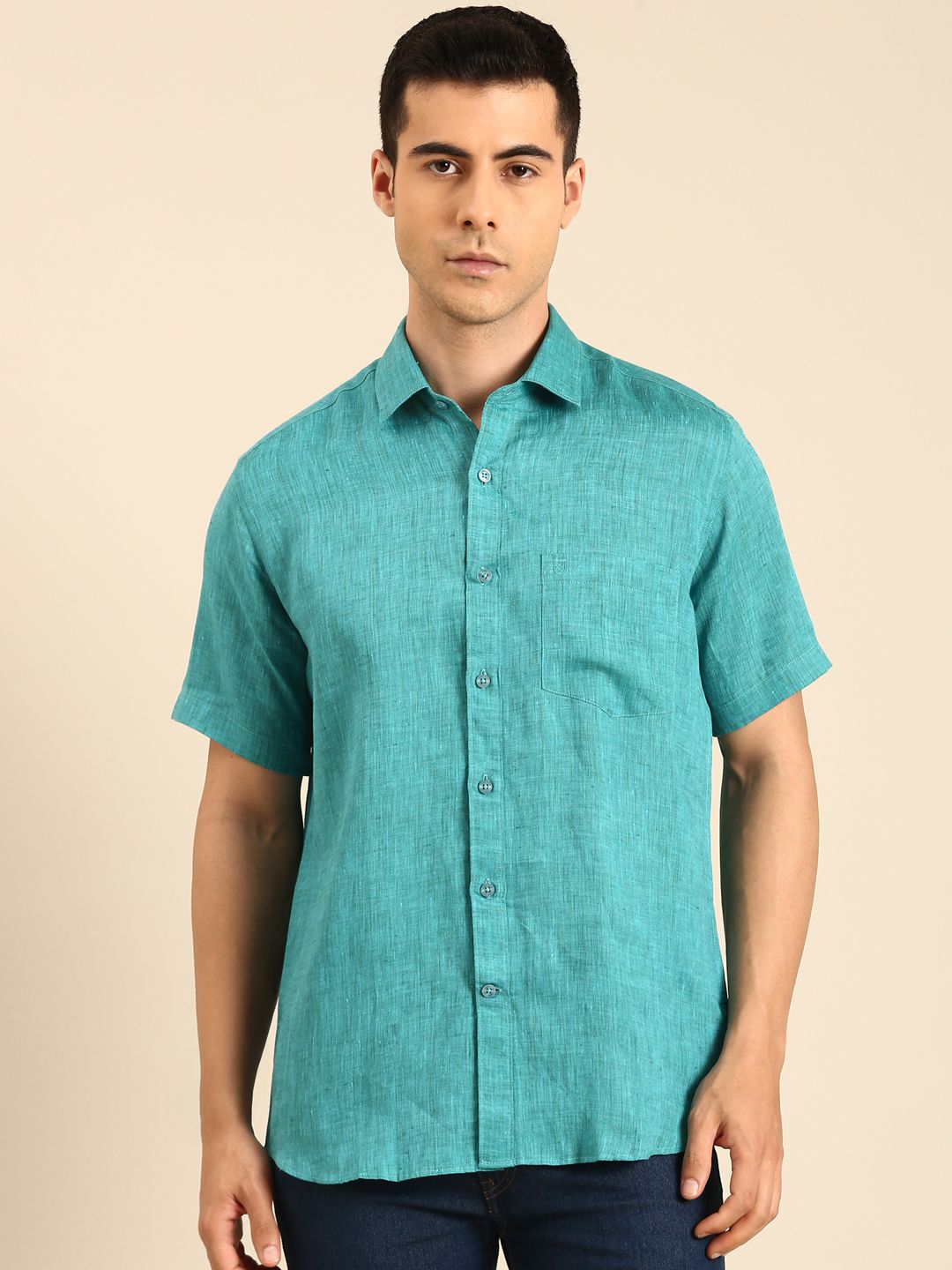 Linen Club Men's Linen Blend Sea Green Solid Contemporary Fit Half Sleeves Casual Shirt