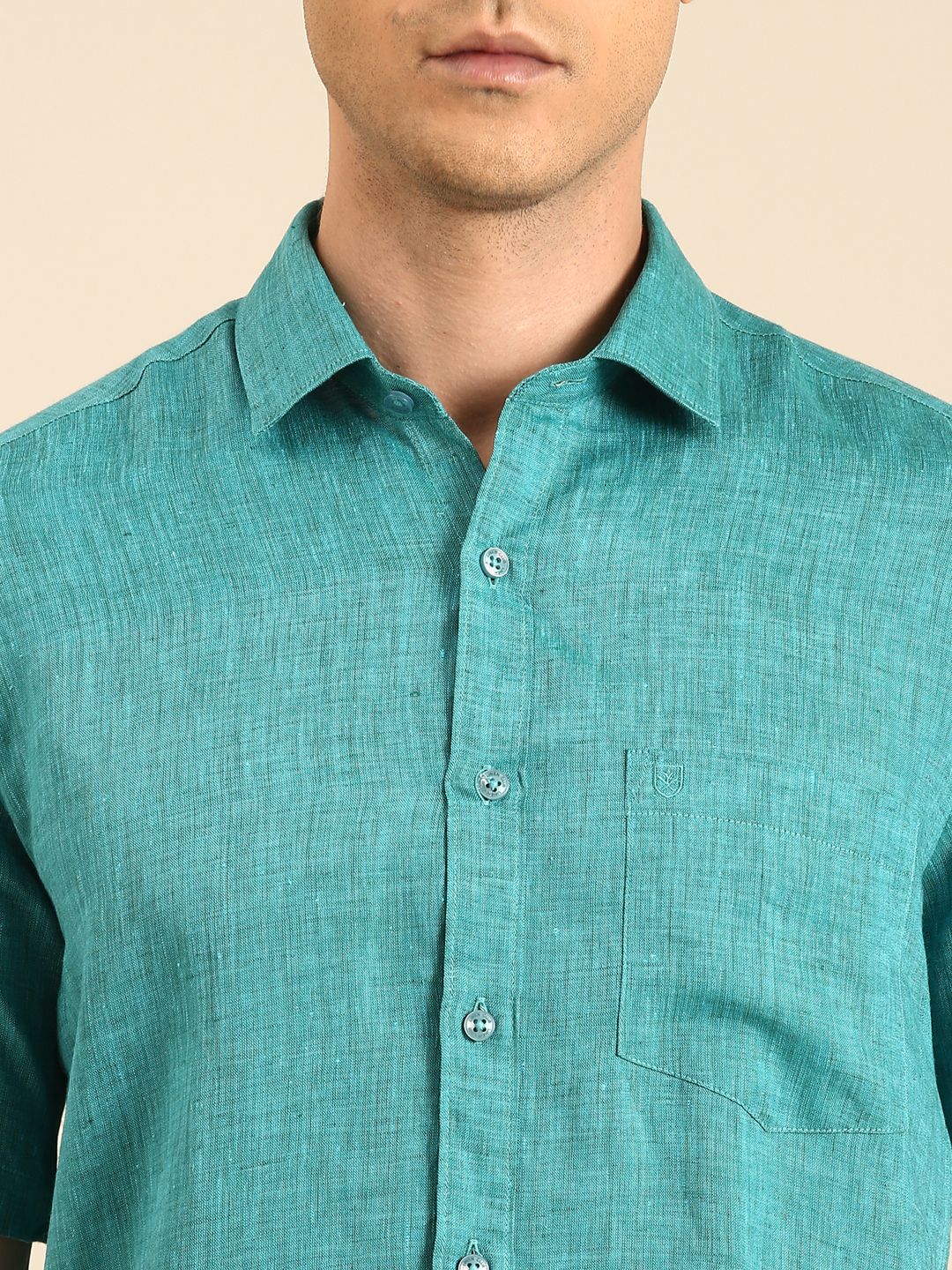 Linen Club Men's Linen Blend Sea Green Solid Contemporary Fit Half Sleeves Casual Shirt