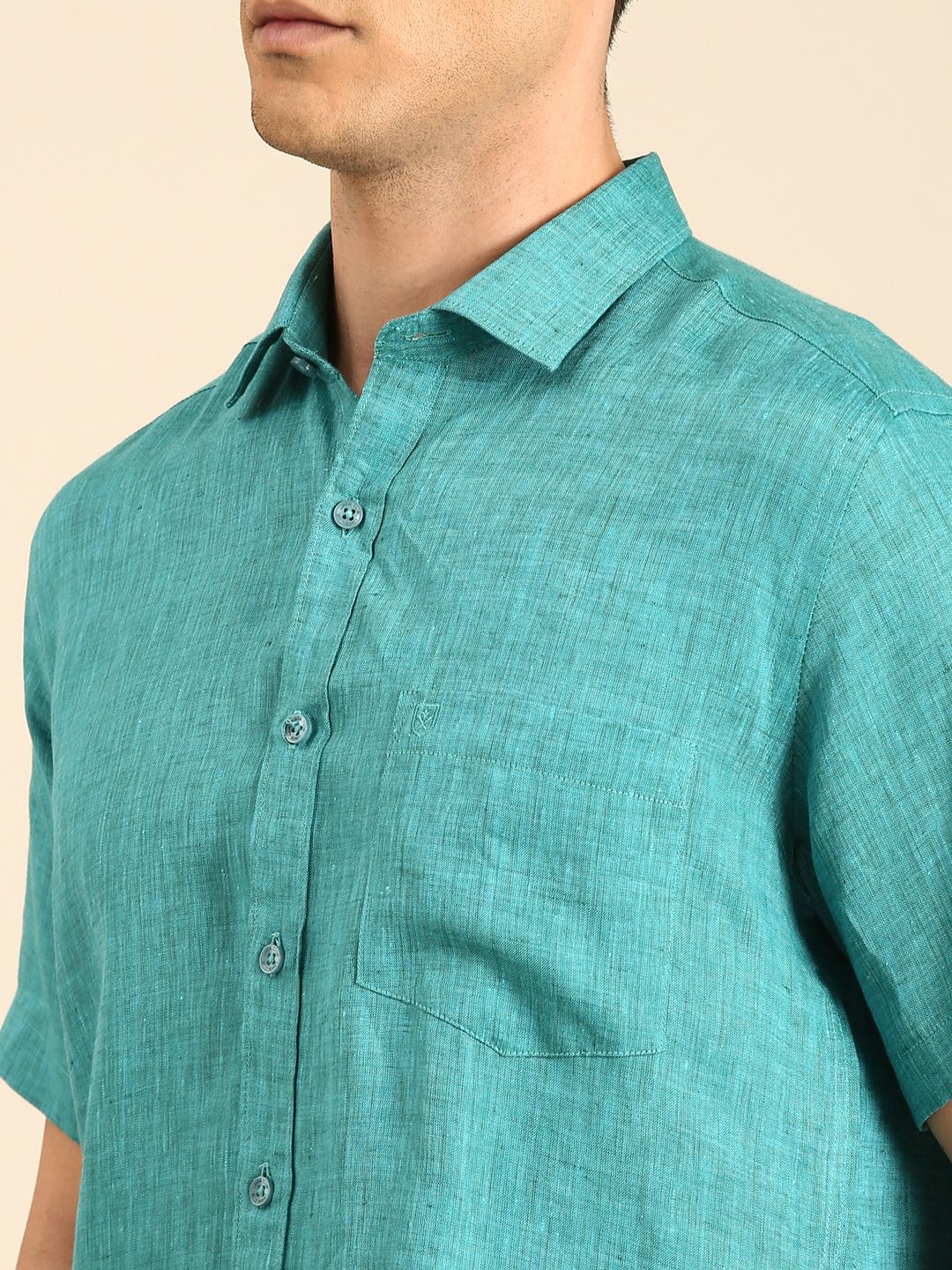 Linen Club Men's Linen Blend Sea Green Solid Contemporary Fit Half Sleeves Casual Shirt