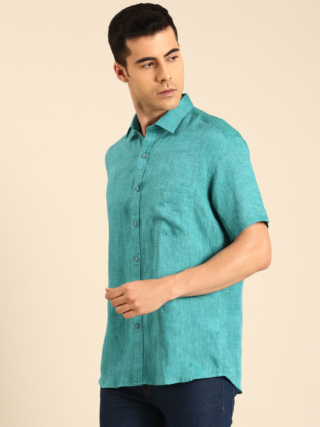 Linen Club Men's Linen Blend Sea Green Solid Contemporary Fit Half Sleeves Casual Shirt