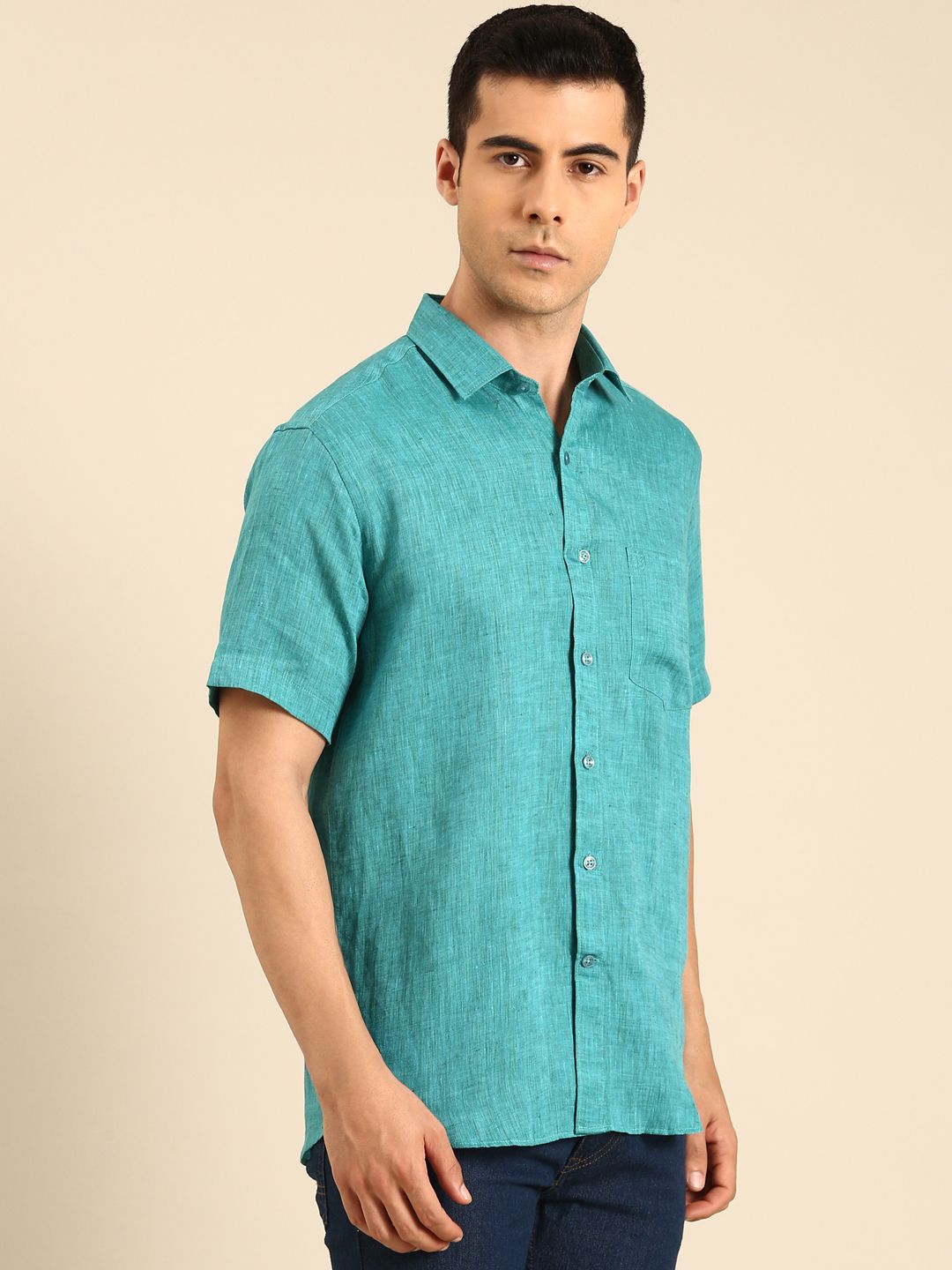 Linen Club Men's Linen Blend Sea Green Solid Contemporary Fit Half Sleeves Casual Shirt