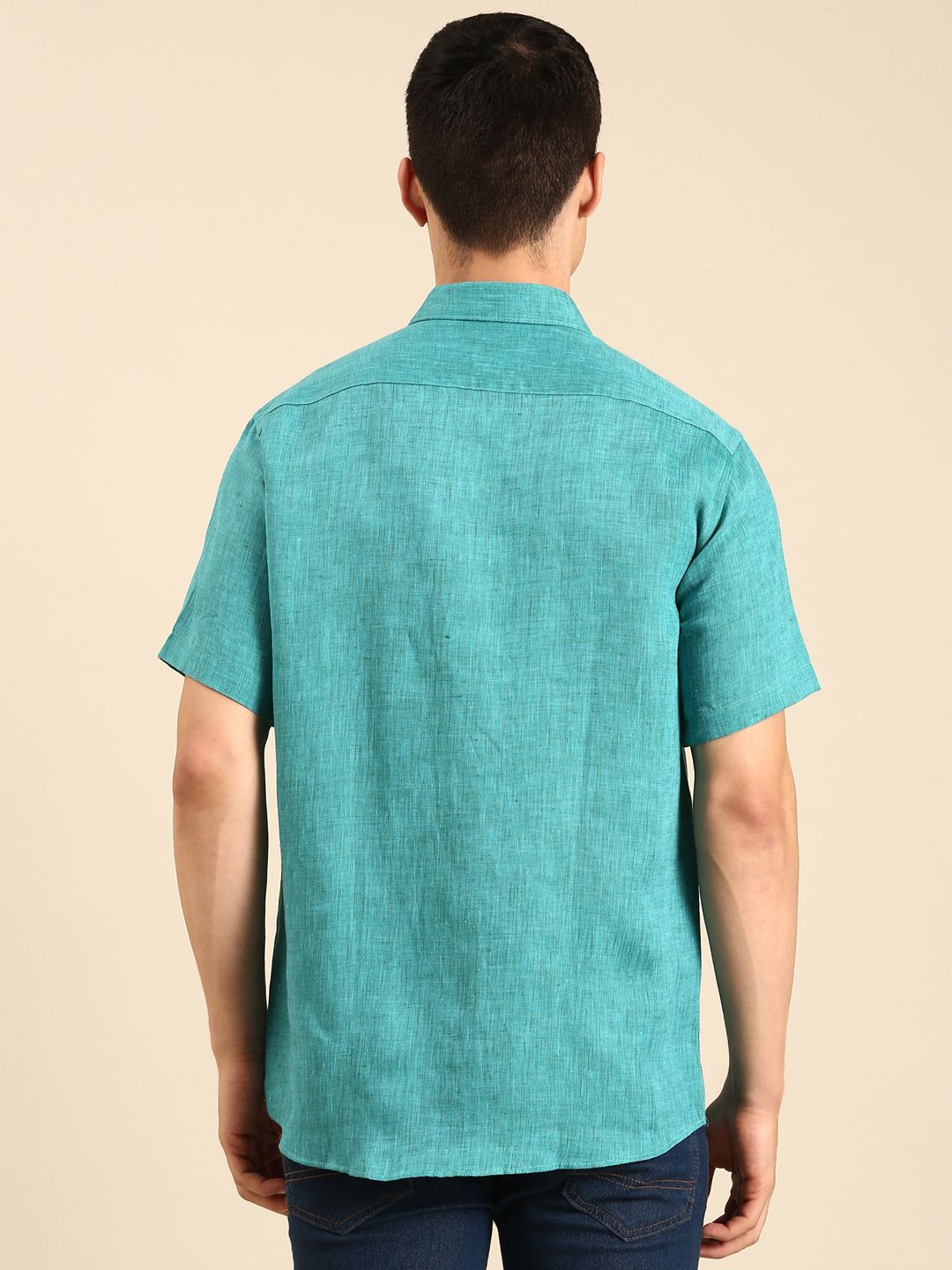 Linen Club Men's Linen Blend Sea Green Solid Contemporary Fit Half Sleeves Casual Shirt