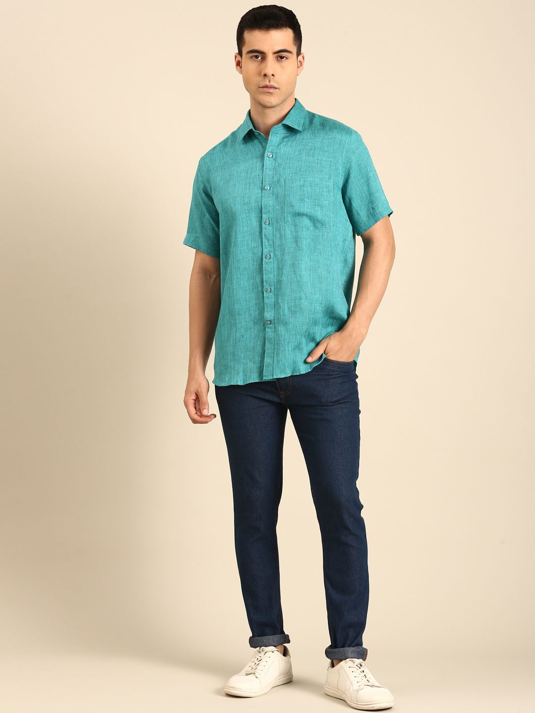 Linen Club Men's Linen Blend Sea Green Solid Contemporary Fit Half Sleeves Casual Shirt