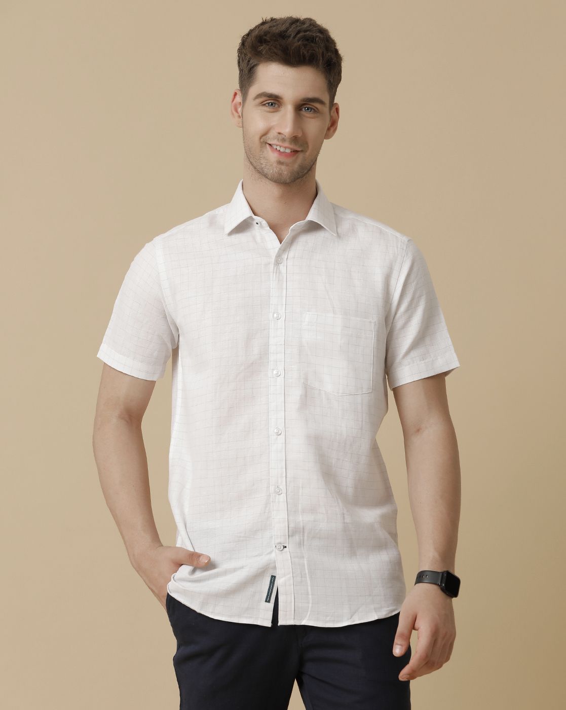 Men's Linen Rich Brown Checked Contemporary Fit Half Sleeve Sleeve Casual Shirt