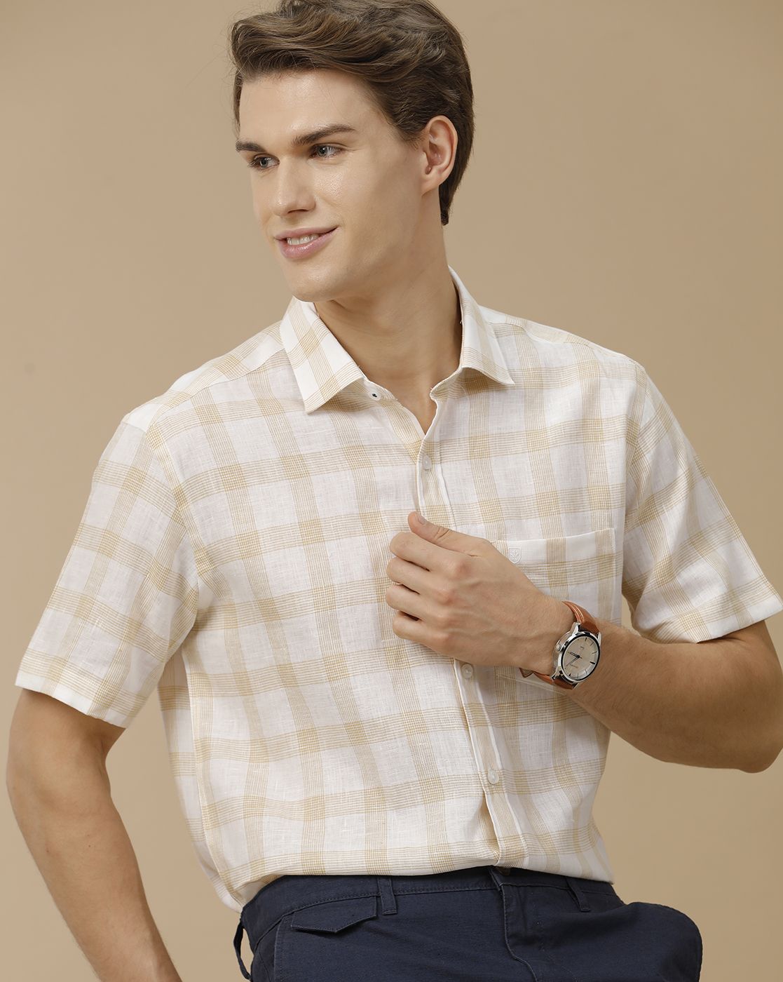 Men's Pure Linen Brown Checked Contemporary Fit Half Sleeve Casual Shirt