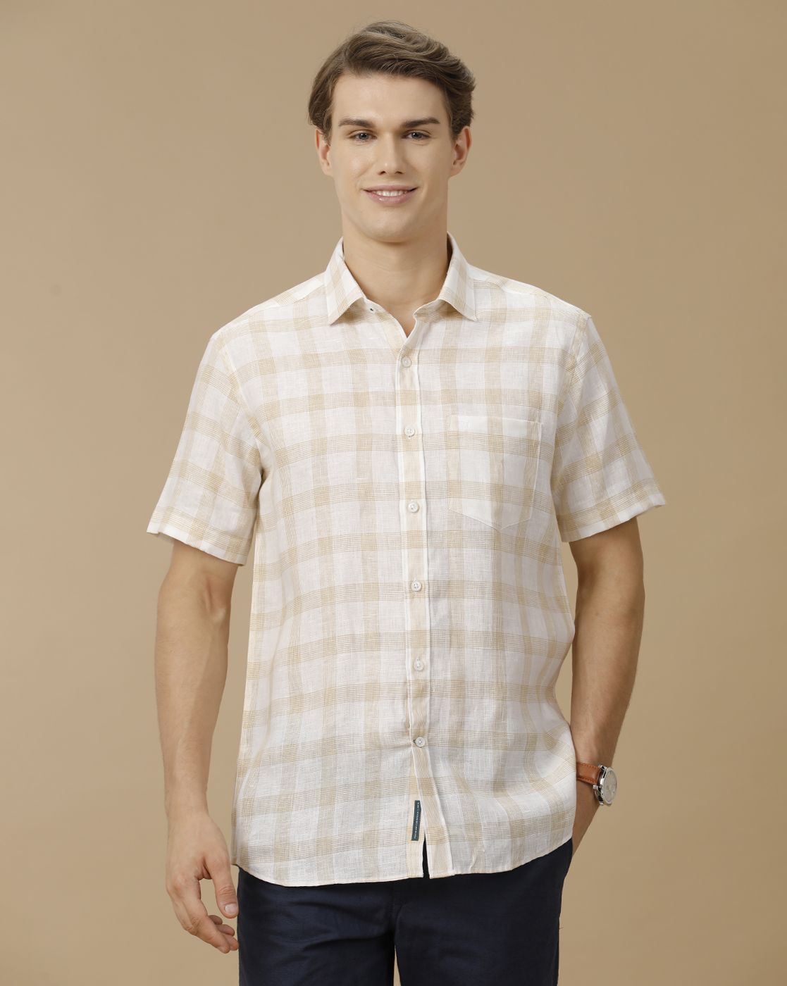 Men's Pure Linen Brown Checked Contemporary Fit Half Sleeve Casual Shirt