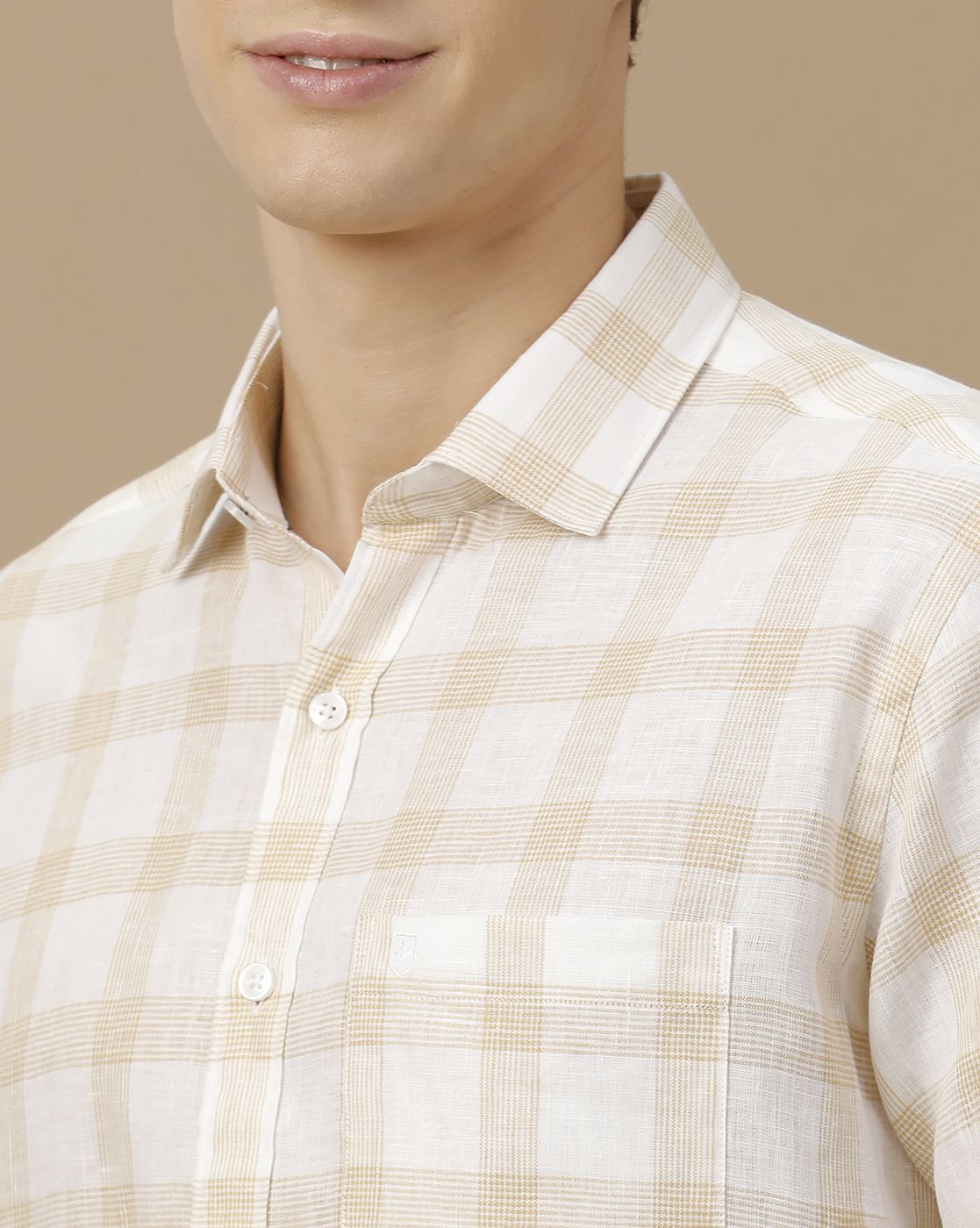 Men's Pure Linen Brown Checked Contemporary Fit Half Sleeve Casual Shirt