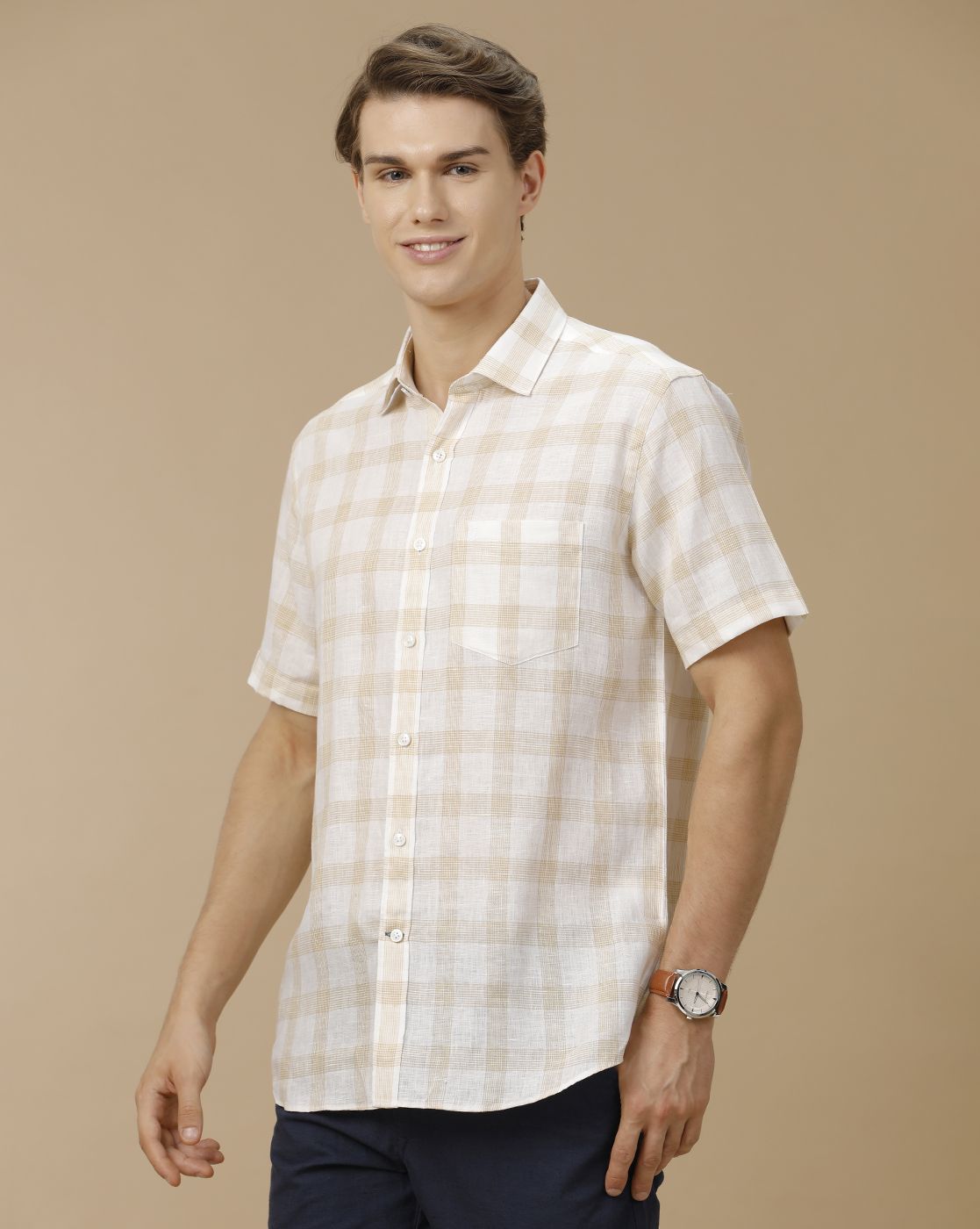 Men's Pure Linen Brown Checked Contemporary Fit Half Sleeve Casual Shirt