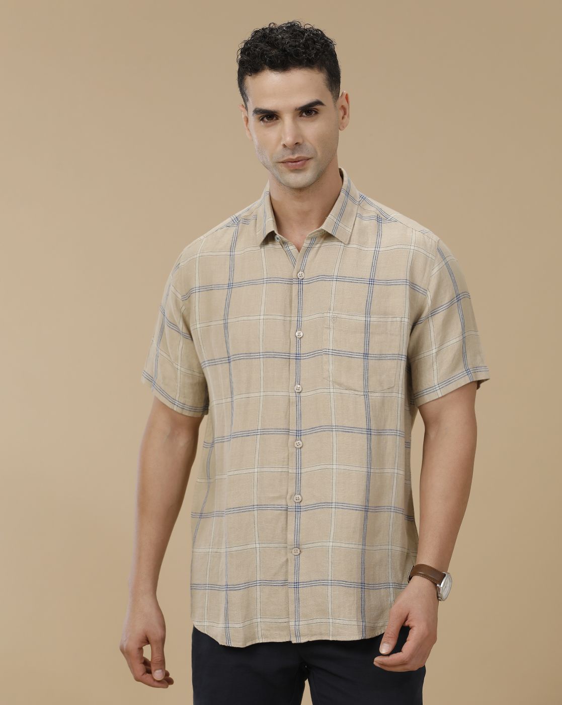 Linen Club Men's Pure Linen Brown Checked Contemporary Fit Half Sleeve Casual Shirt