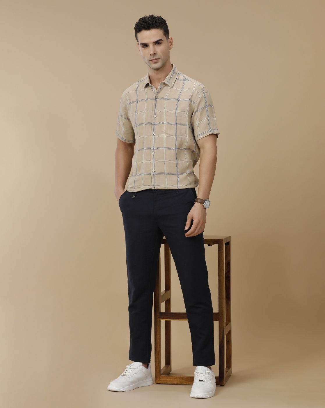 Linen Club Men's Pure Linen Brown Checked Contemporary Fit Half Sleeve Casual Shirt