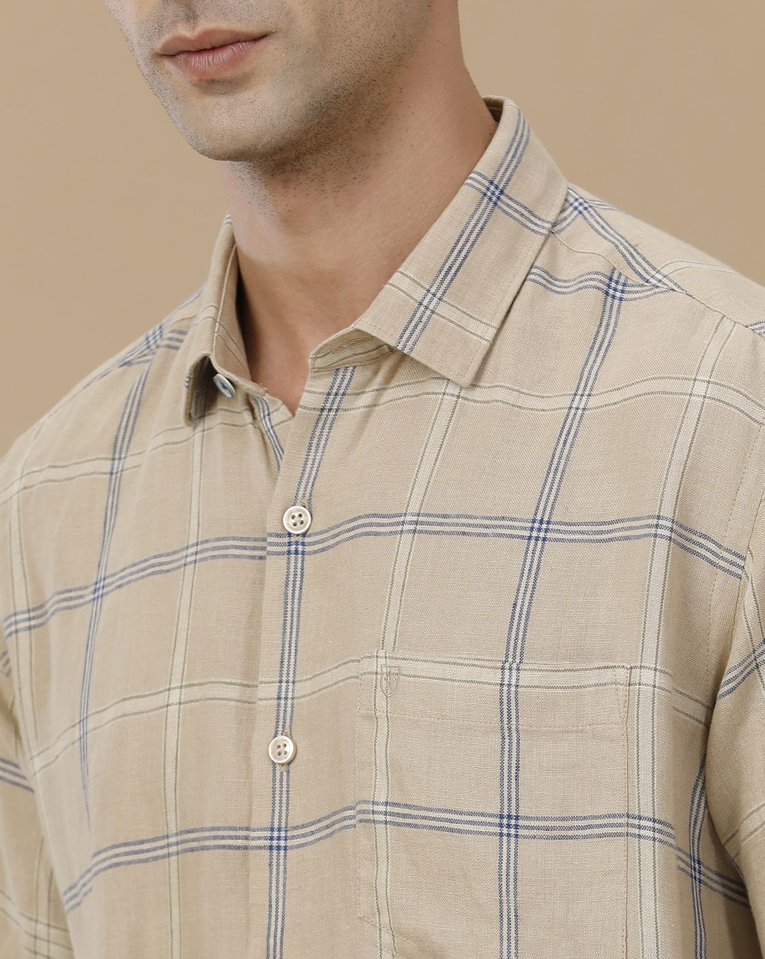 Linen Club Men's Pure Linen Brown Checked Contemporary Fit Half Sleeve Casual Shirt