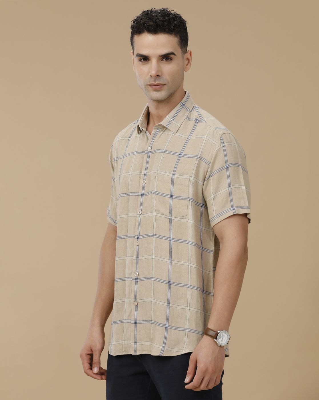Linen Club Men's Pure Linen Brown Checked Contemporary Fit Half Sleeve Casual Shirt