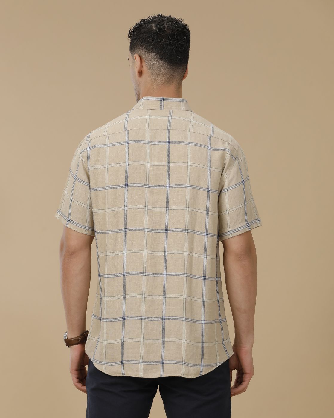 Linen Club Men's Pure Linen Brown Checked Contemporary Fit Half Sleeve Casual Shirt