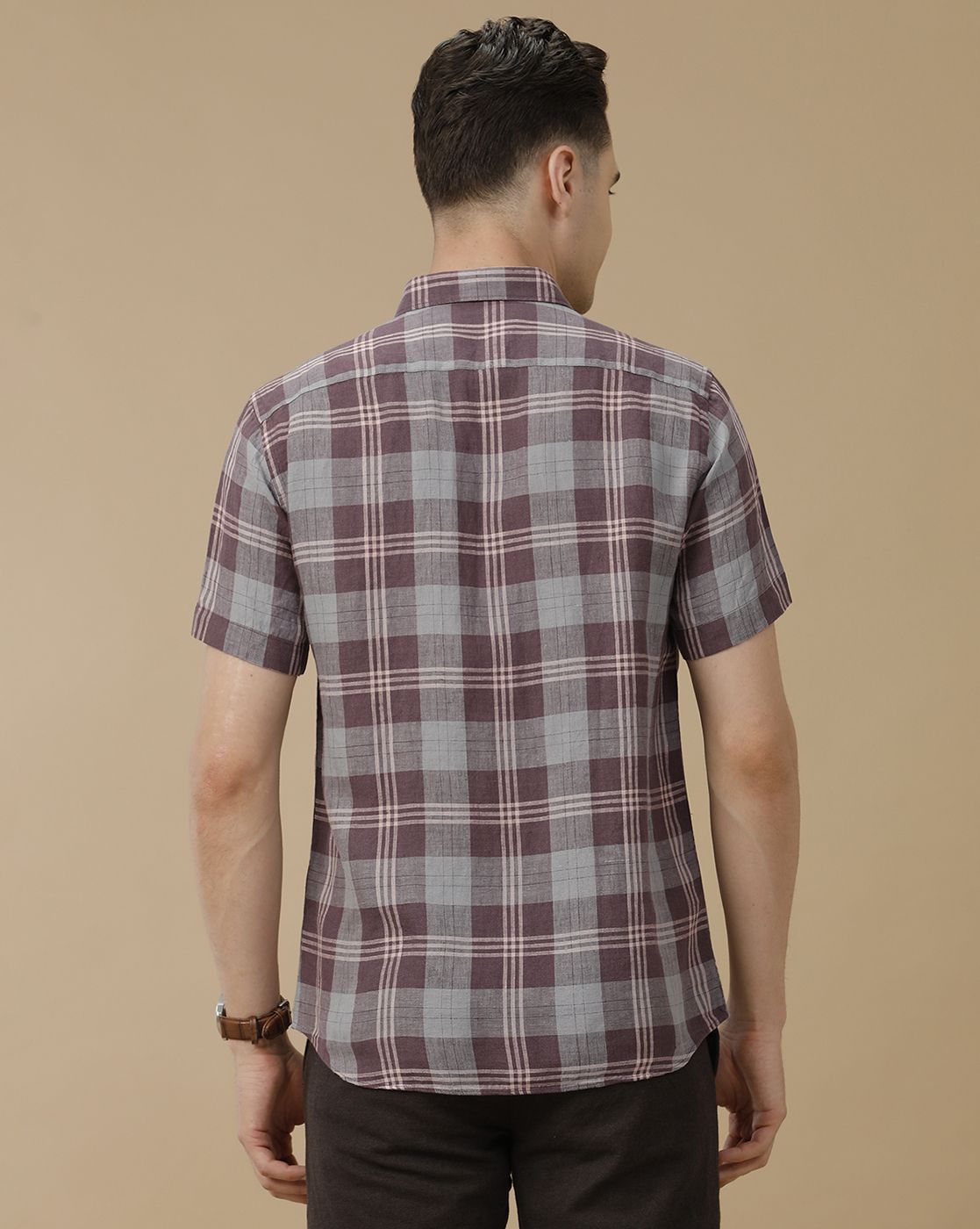 Men's Pure Linen Purple Checked Contemporary Fit Half Sleeve Casual Shirt