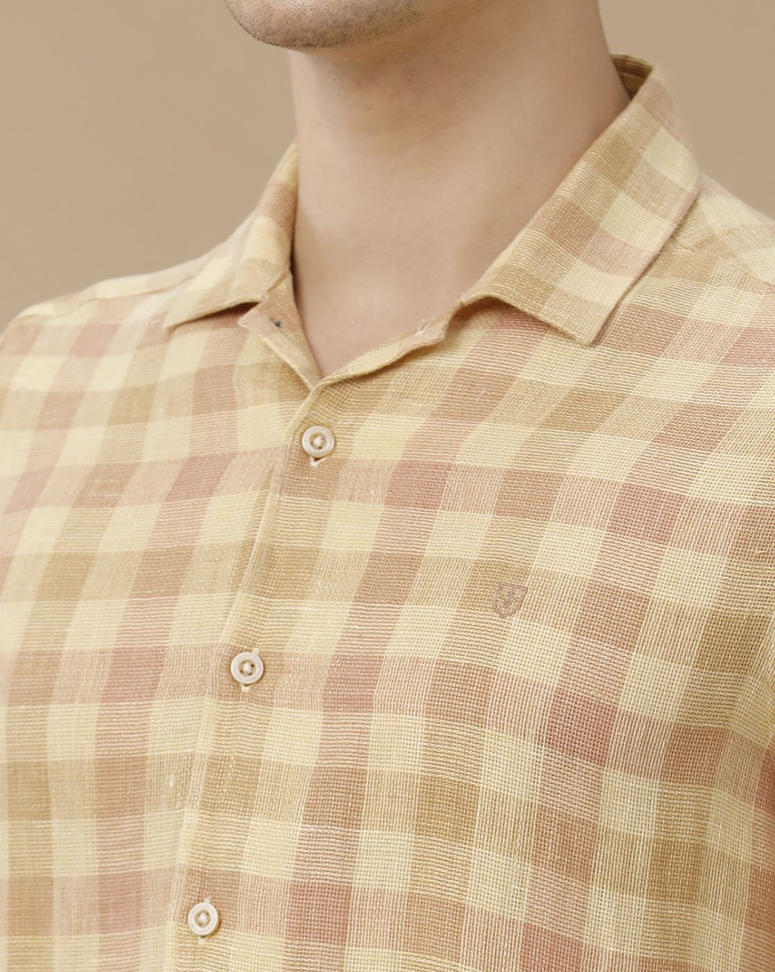 Men's Pure Linen Brown Checked Contemporary Fit Half Sleeve Casual Shirt
