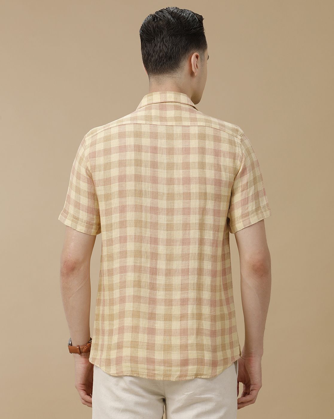Men's Pure Linen Brown Checked Contemporary Fit Half Sleeve Casual Shirt