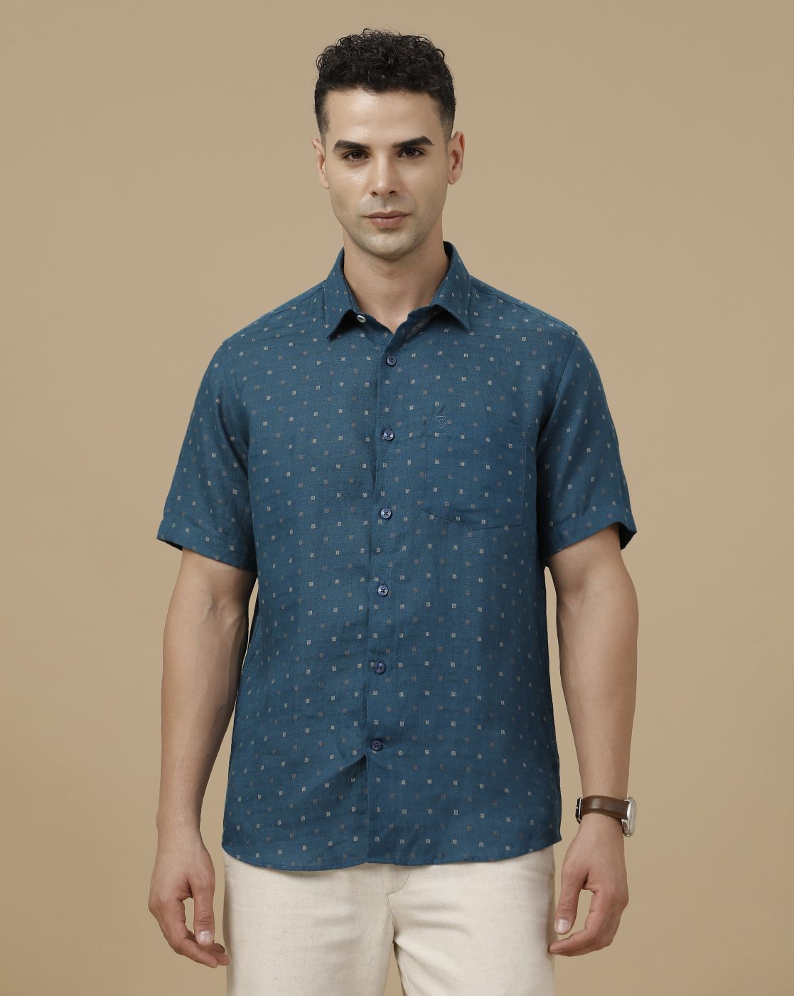 Linen Club Men's Pure Linen Blue Dobby Contemporary Fit Half Sleeve Casual Shirt