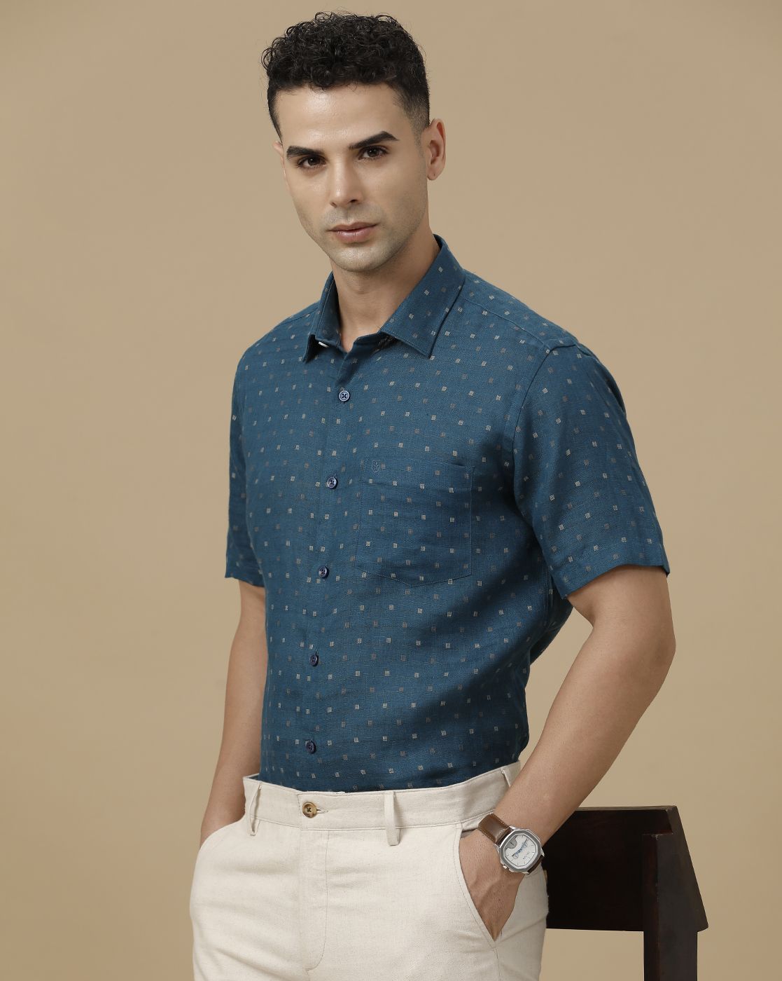 Linen Club Men's Pure Linen Blue Dobby Contemporary Fit Half Sleeve Casual Shirt