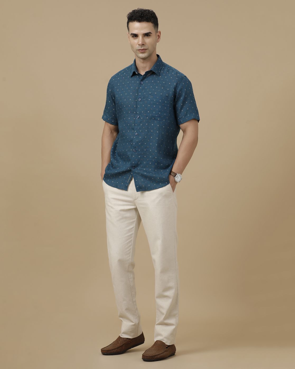 Linen Club Men's Pure Linen Blue Dobby Contemporary Fit Half Sleeve Casual Shirt