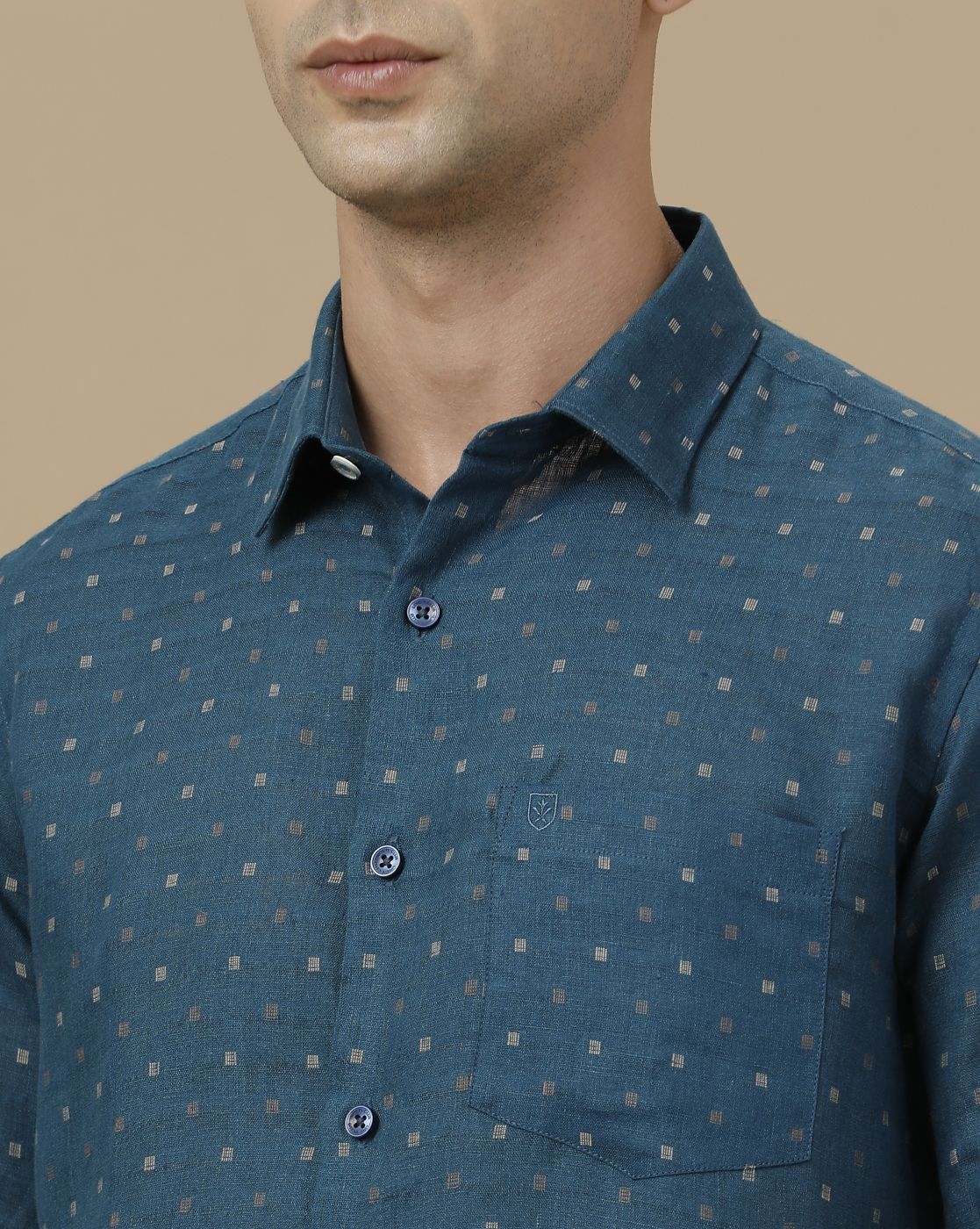 Linen Club Men's Pure Linen Blue Dobby Contemporary Fit Half Sleeve Casual Shirt