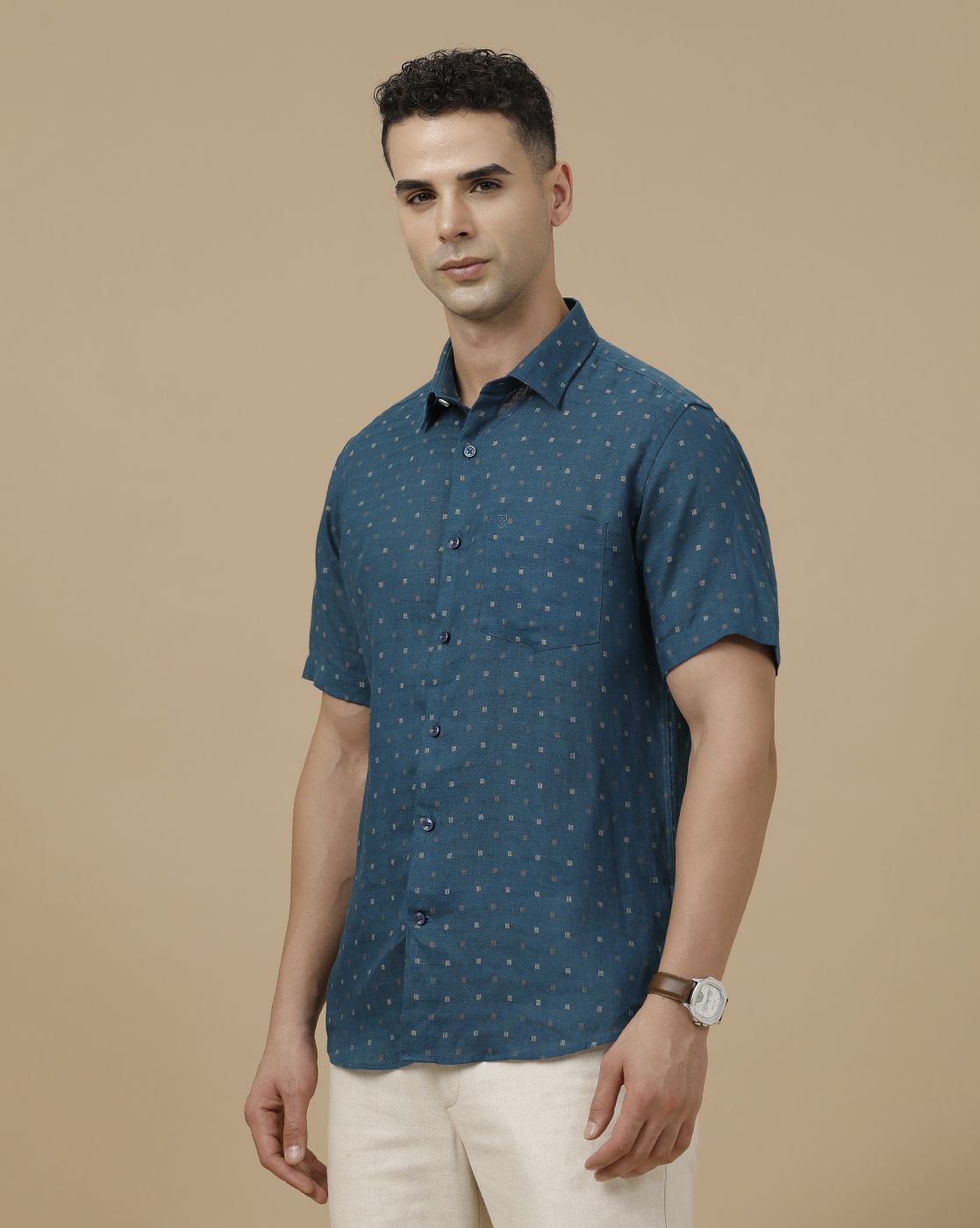 Linen Club Men's Pure Linen Blue Dobby Contemporary Fit Half Sleeve Casual Shirt