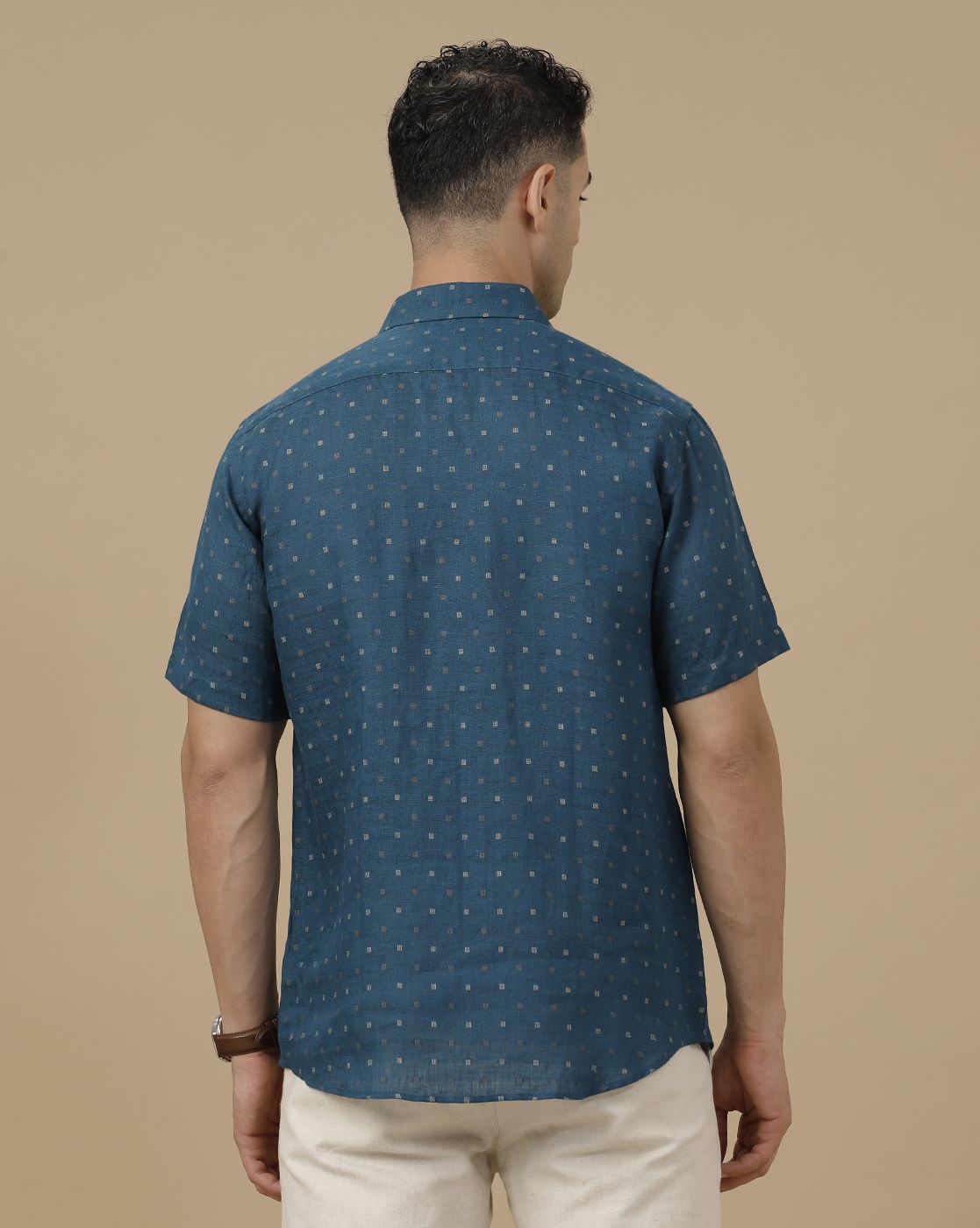Linen Club Men's Pure Linen Blue Dobby Contemporary Fit Half Sleeve Casual Shirt