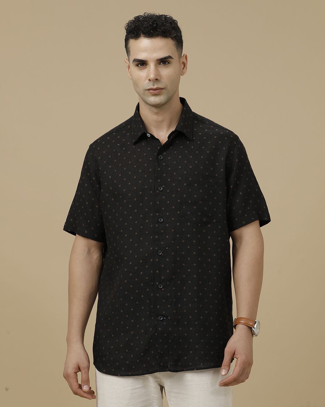 Linen Club Men's Pure Linen Black Dobby Contemporary Fit Half Sleeve Casual Shirt