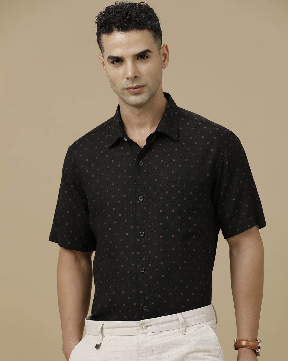 Linen Club Men's Pure Linen Black Dobby Contemporary Fit Half Sleeve Casual Shirt