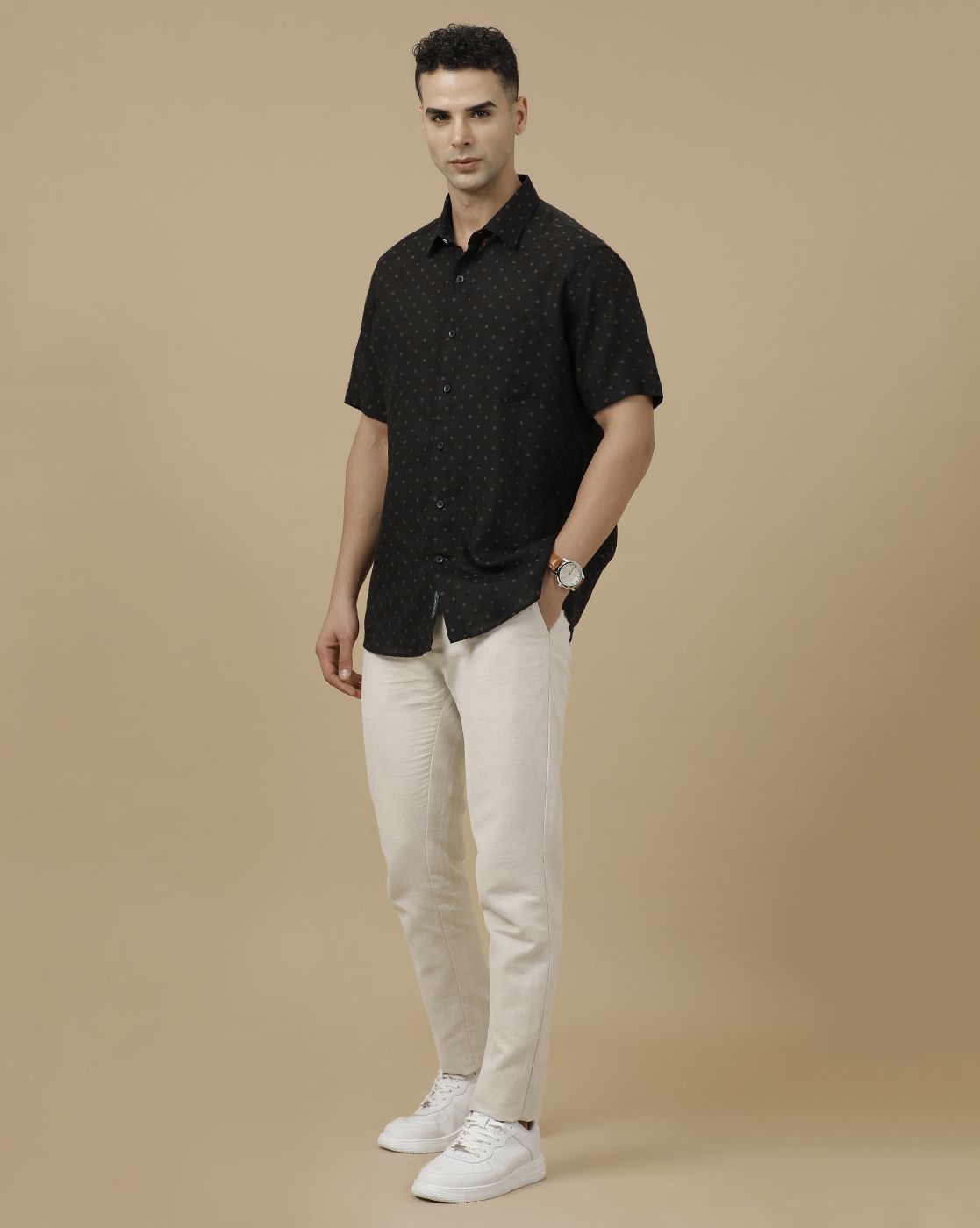 Linen Club Men's Pure Linen Black Dobby Contemporary Fit Half Sleeve Casual Shirt
