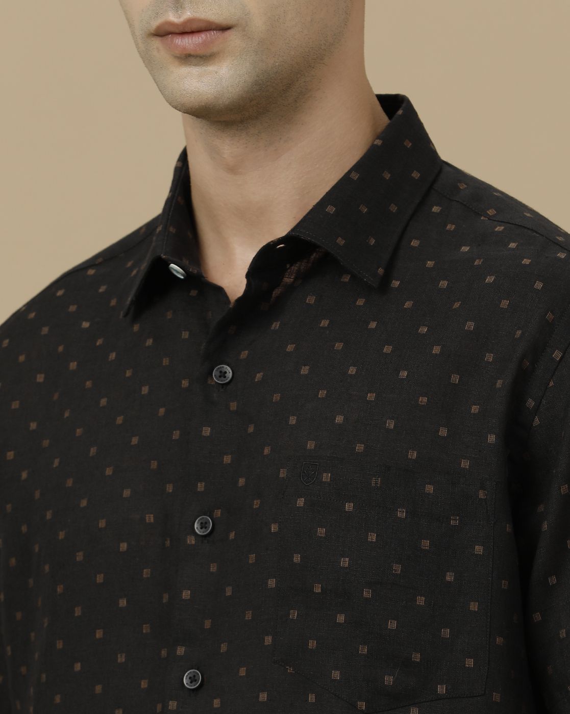 Linen Club Men's Pure Linen Black Dobby Contemporary Fit Half Sleeve Casual Shirt